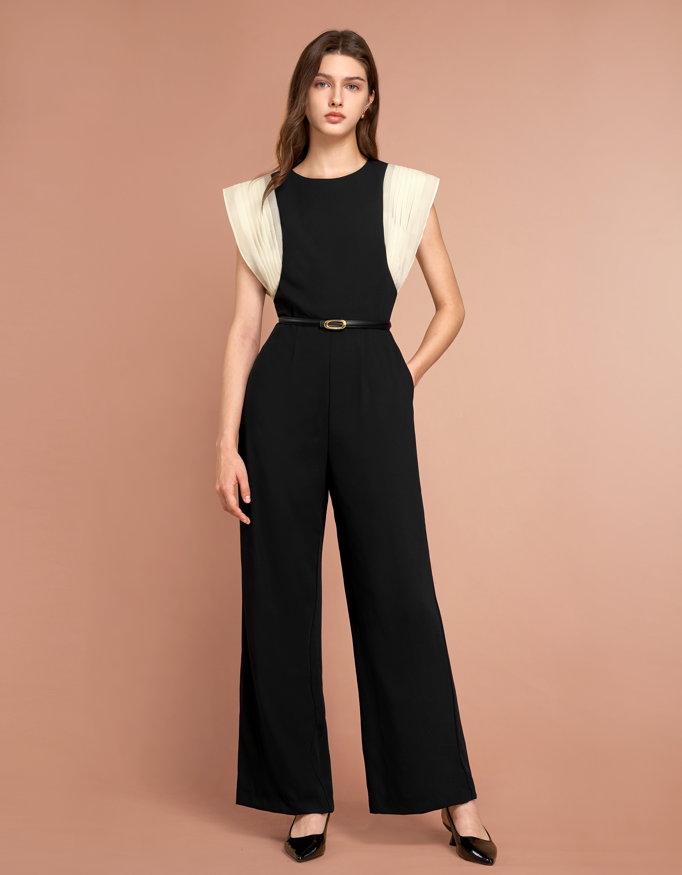 Contrast Pleated Sleeve Jumpsuit