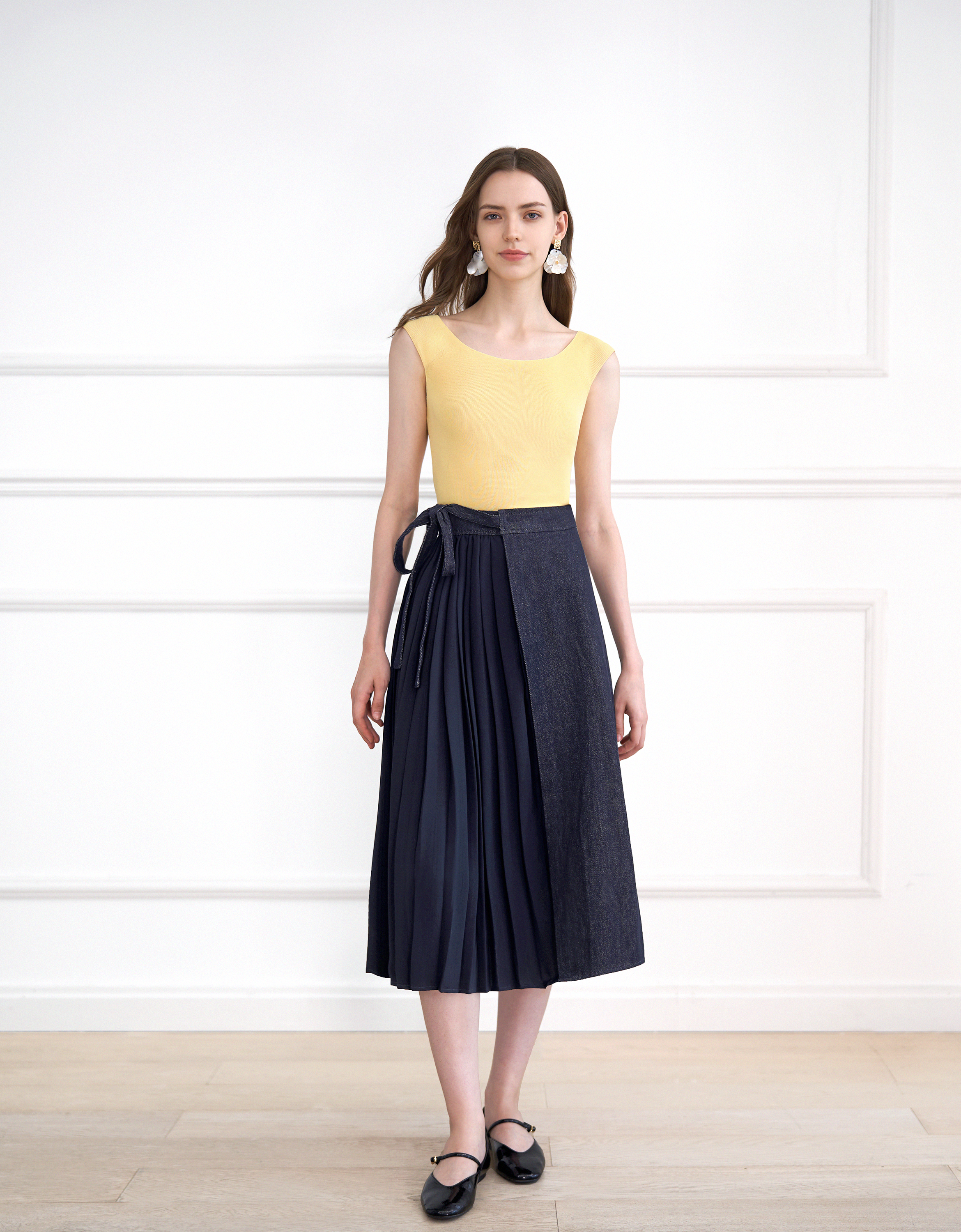 Pleated Panel Denim Midi Skirt
