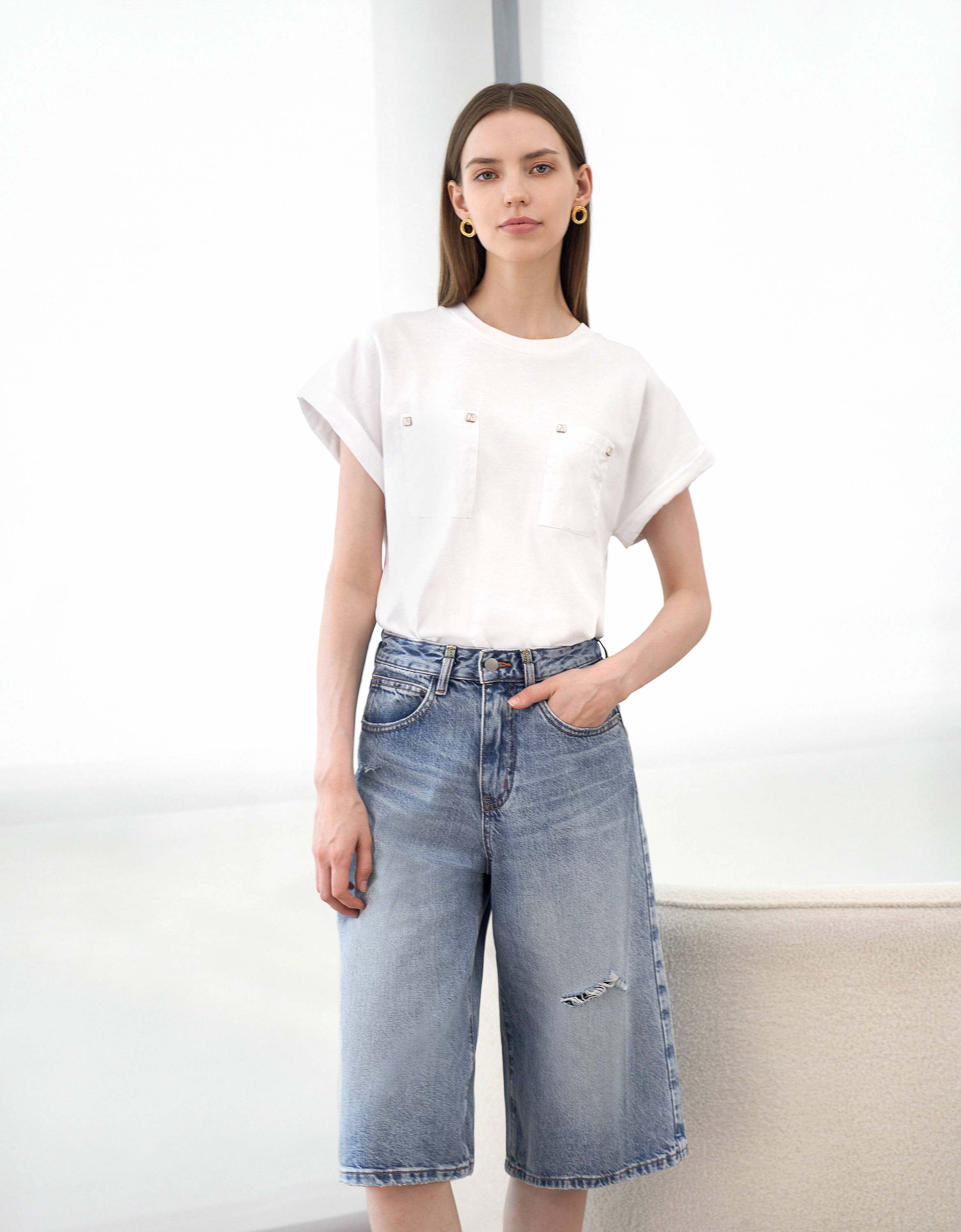 Wide-leg Knee-length Denim Bermuda Shorts