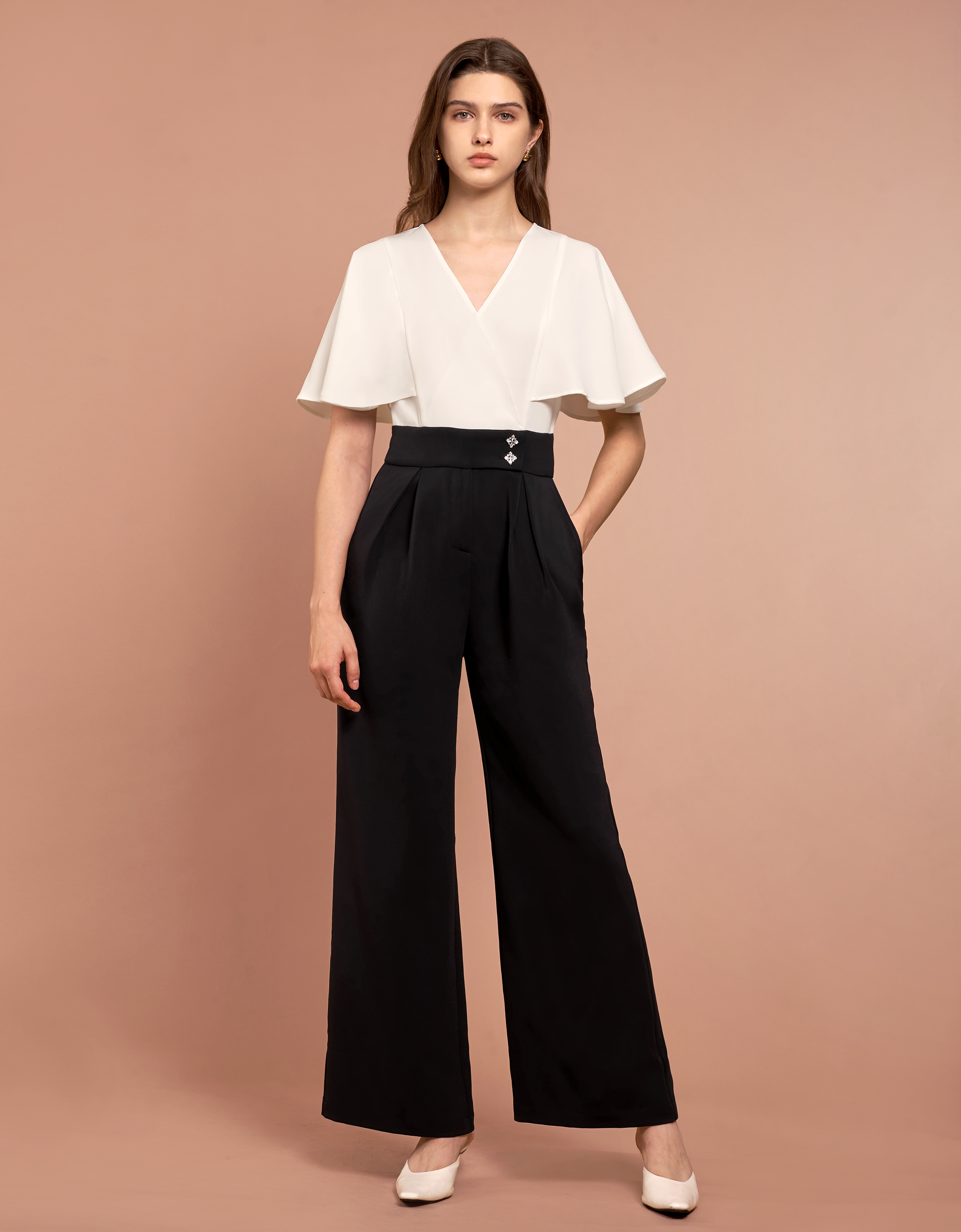 V-neck Flare Sleeves Colorblock Jumpsuit