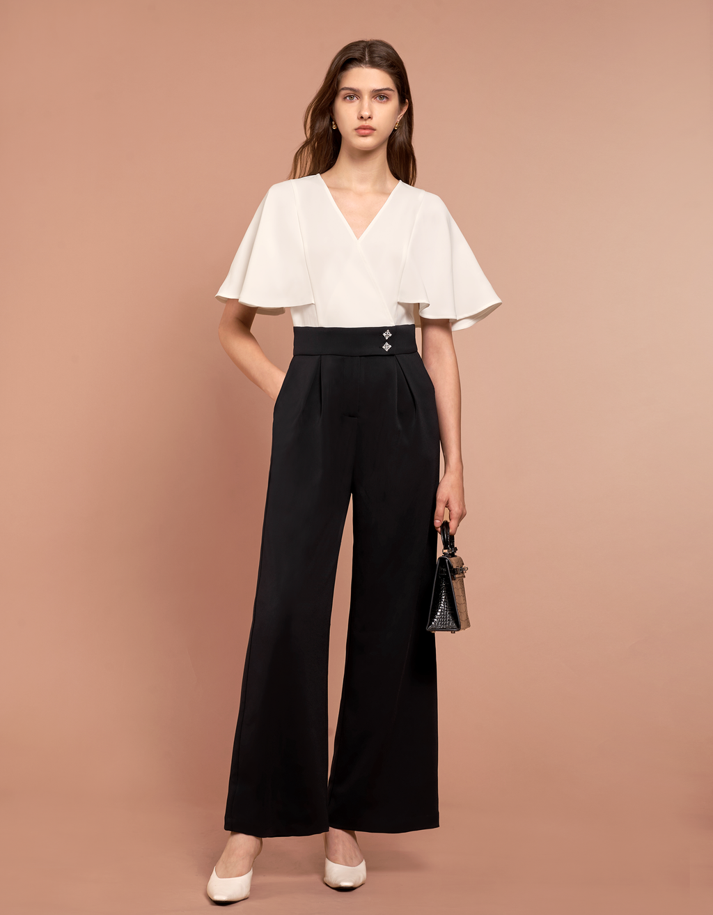 V-neck Flare Sleeves Colorblock Jumpsuit