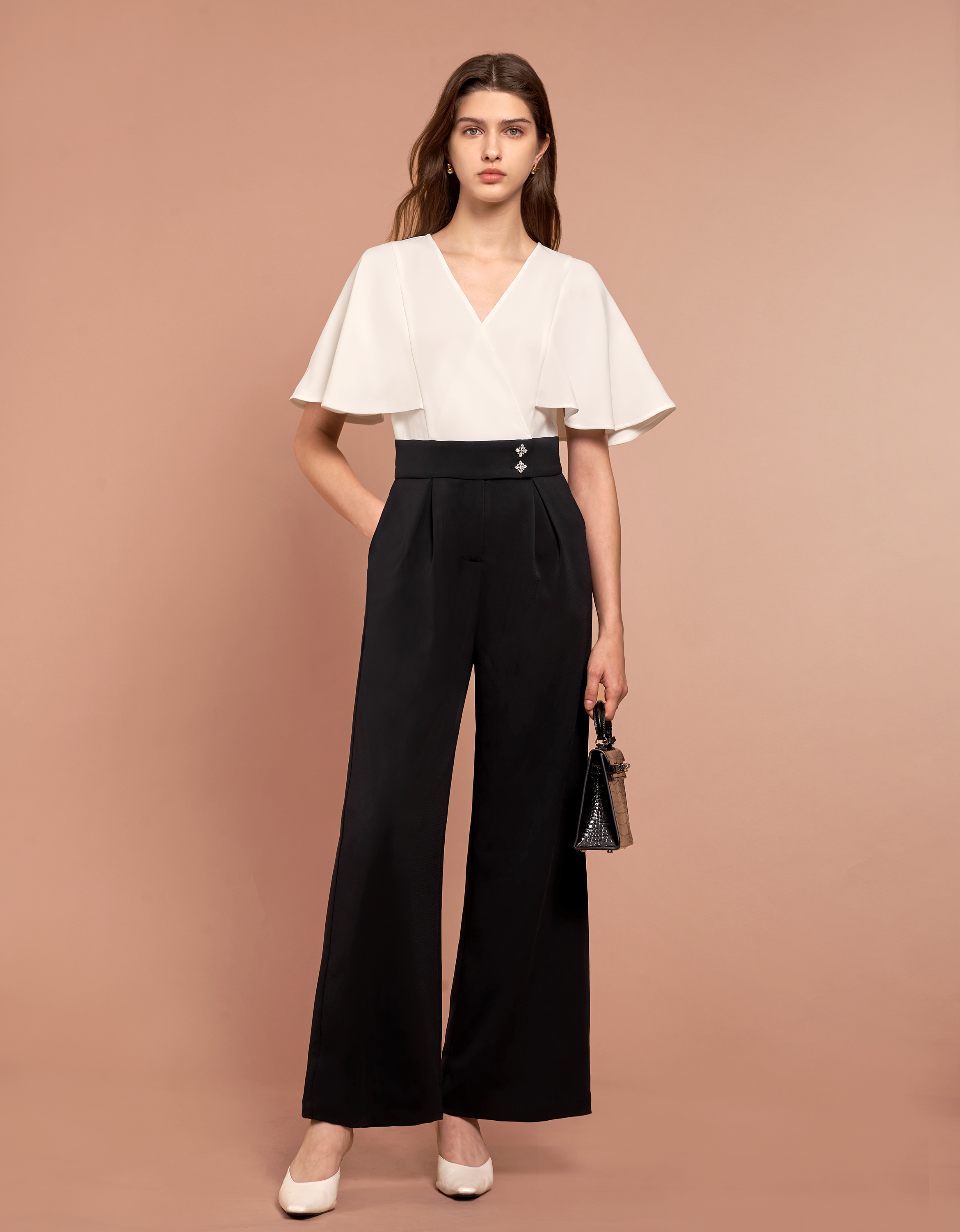 V-neck Flare Sleeves Colorblock Jumpsuit