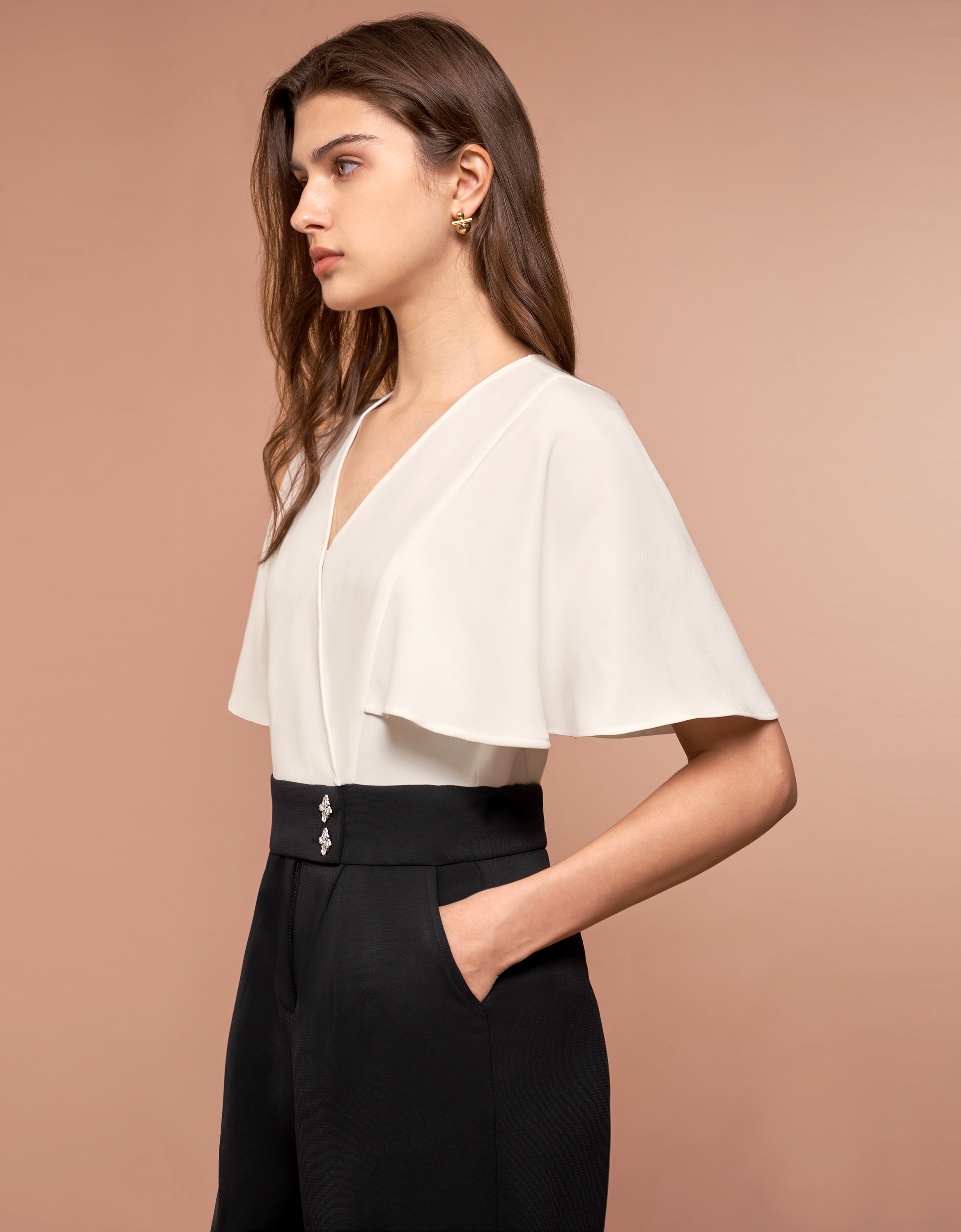 V-neck Flare Sleeves Colorblock Jumpsuit