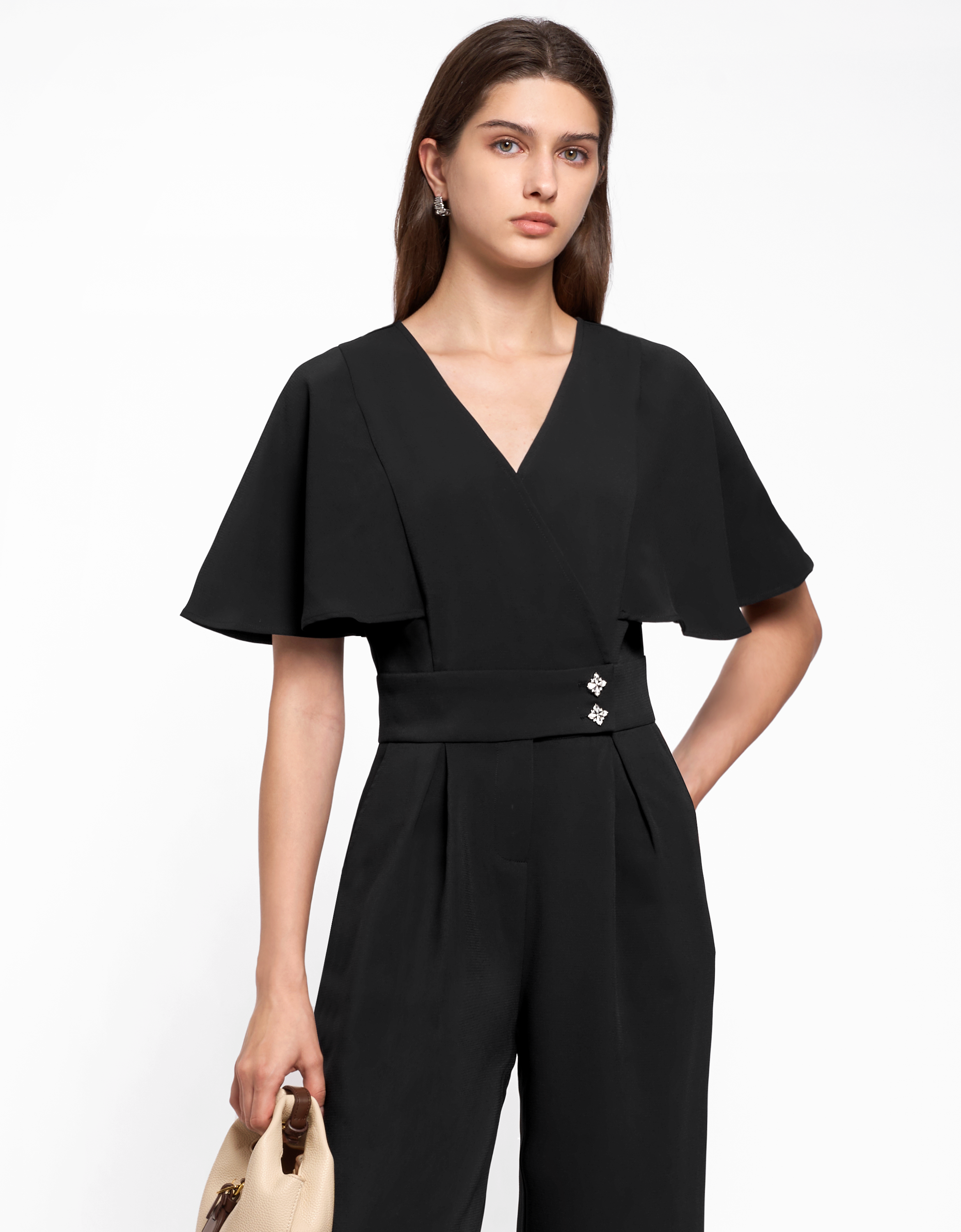 V-neck Flare Sleeves Colorblock Jumpsuit