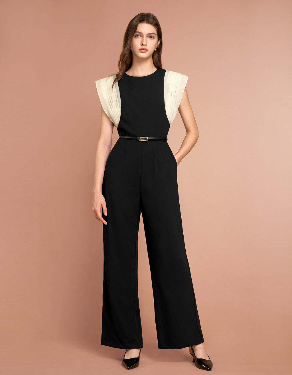 Contrast Pleated Sleeve Jumpsuit