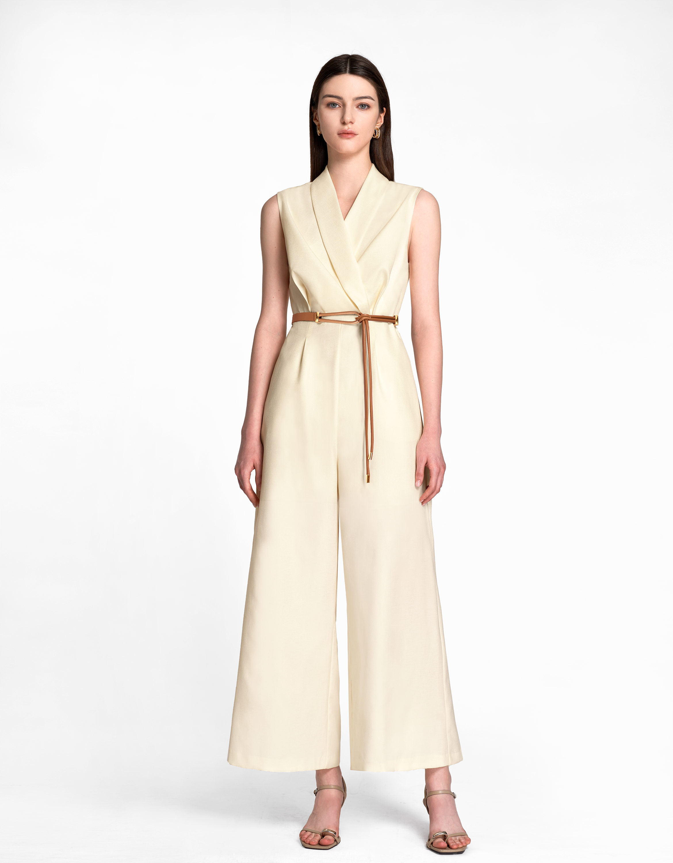 Shawl Collar Sleeveless Jumpsuit