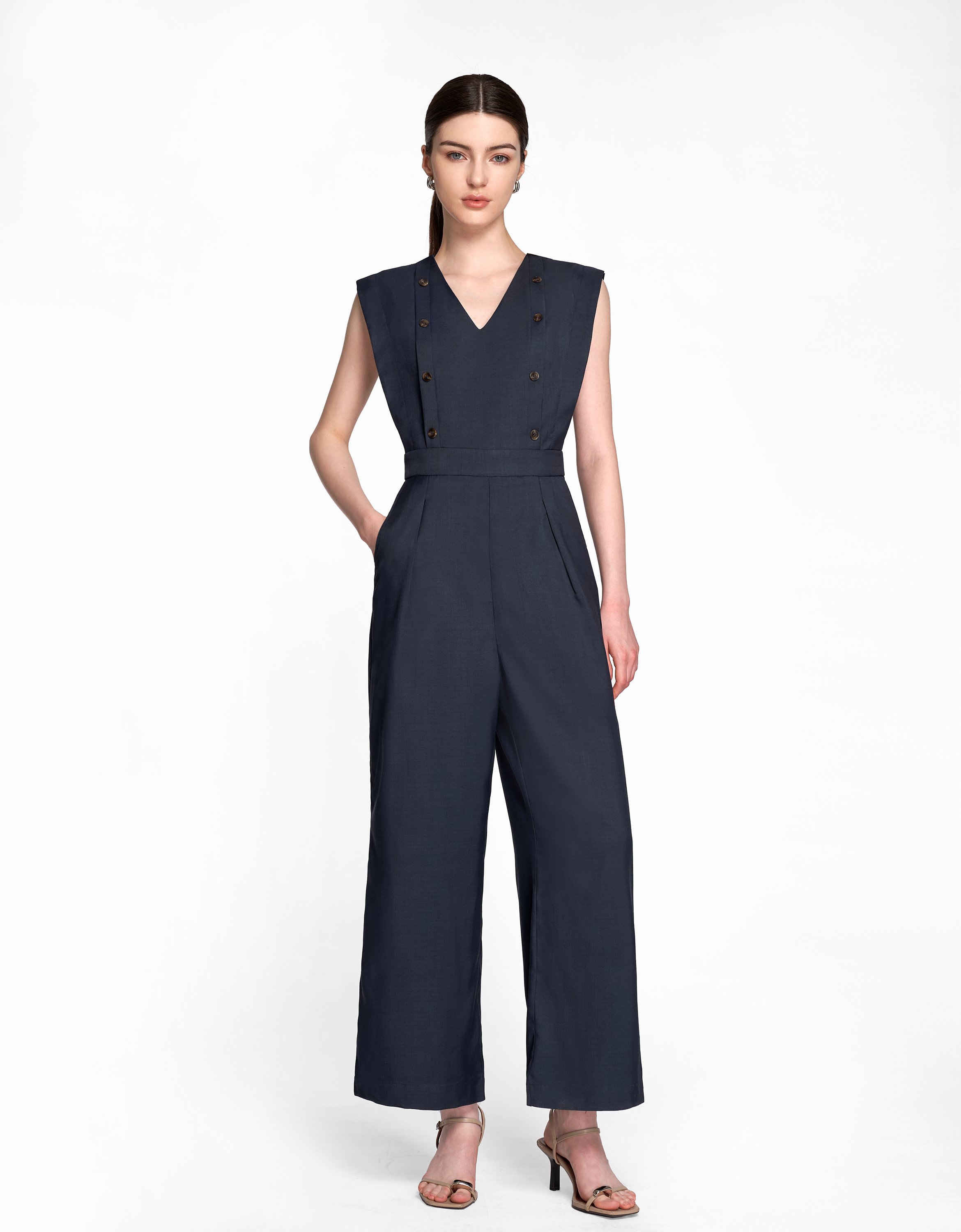 Double-breasted V-neck Jumpsuit