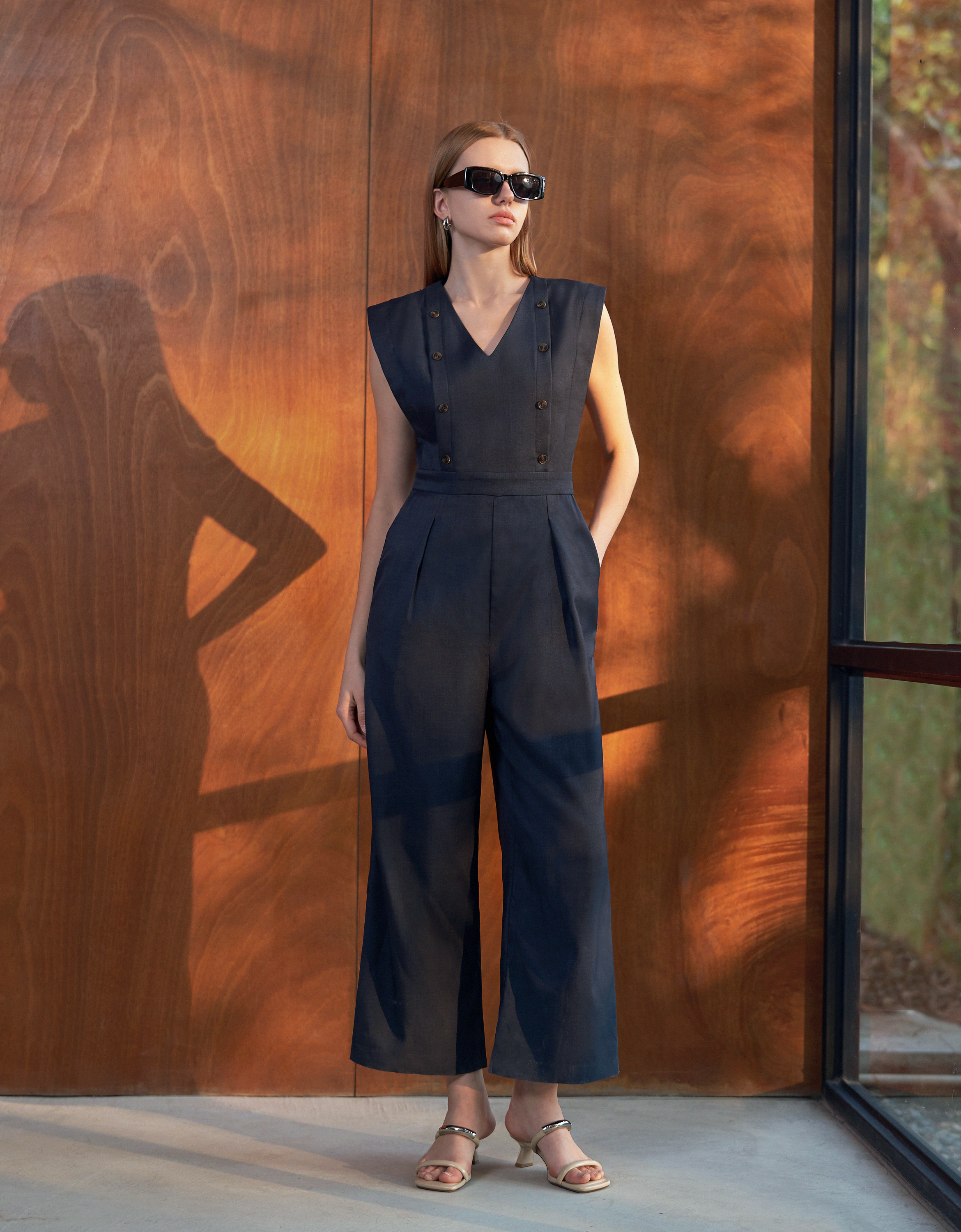Double-breasted V-neck Jumpsuit