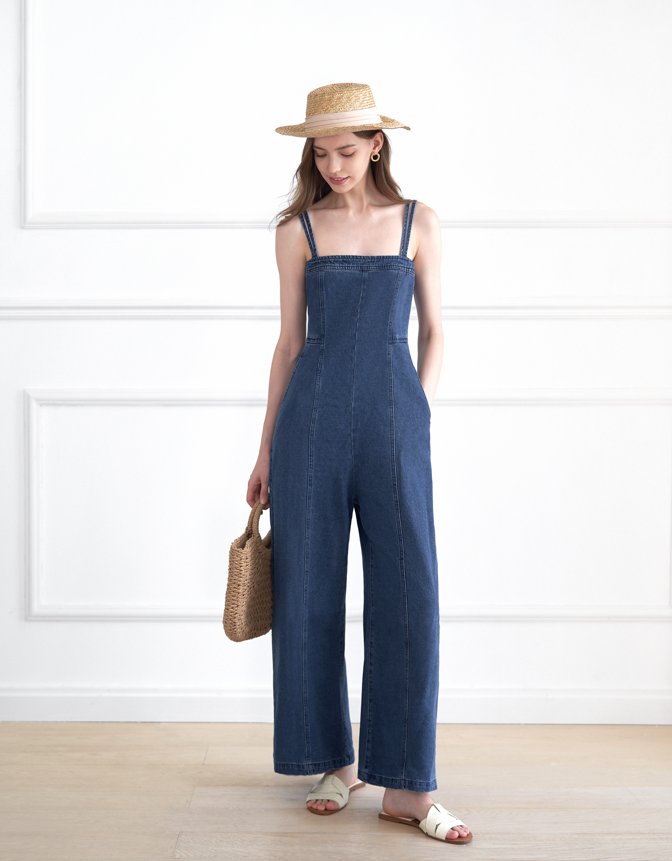 Double Strap Denim Jumpsuit