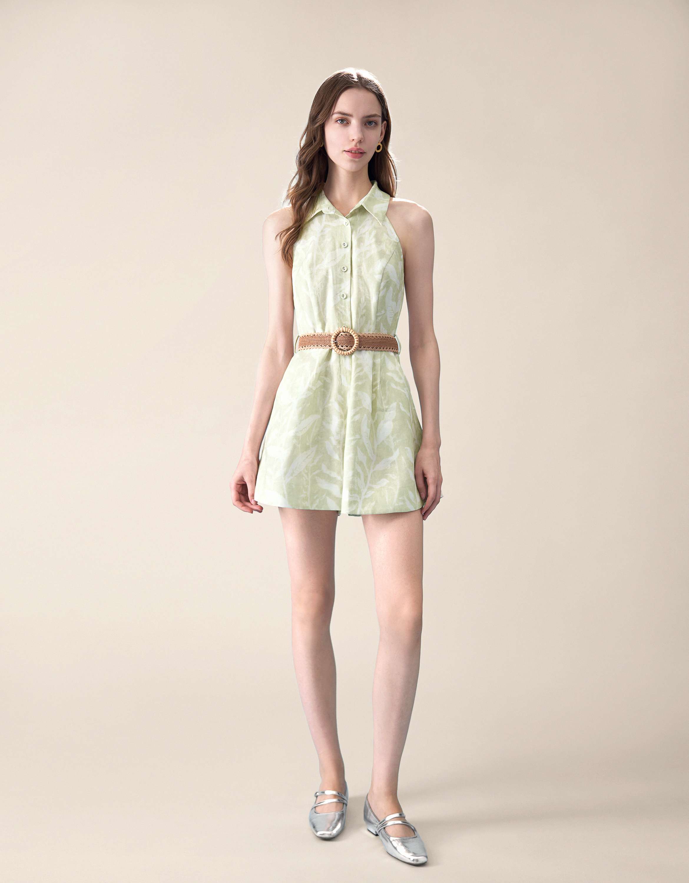 Button Front Flare Hem Romper