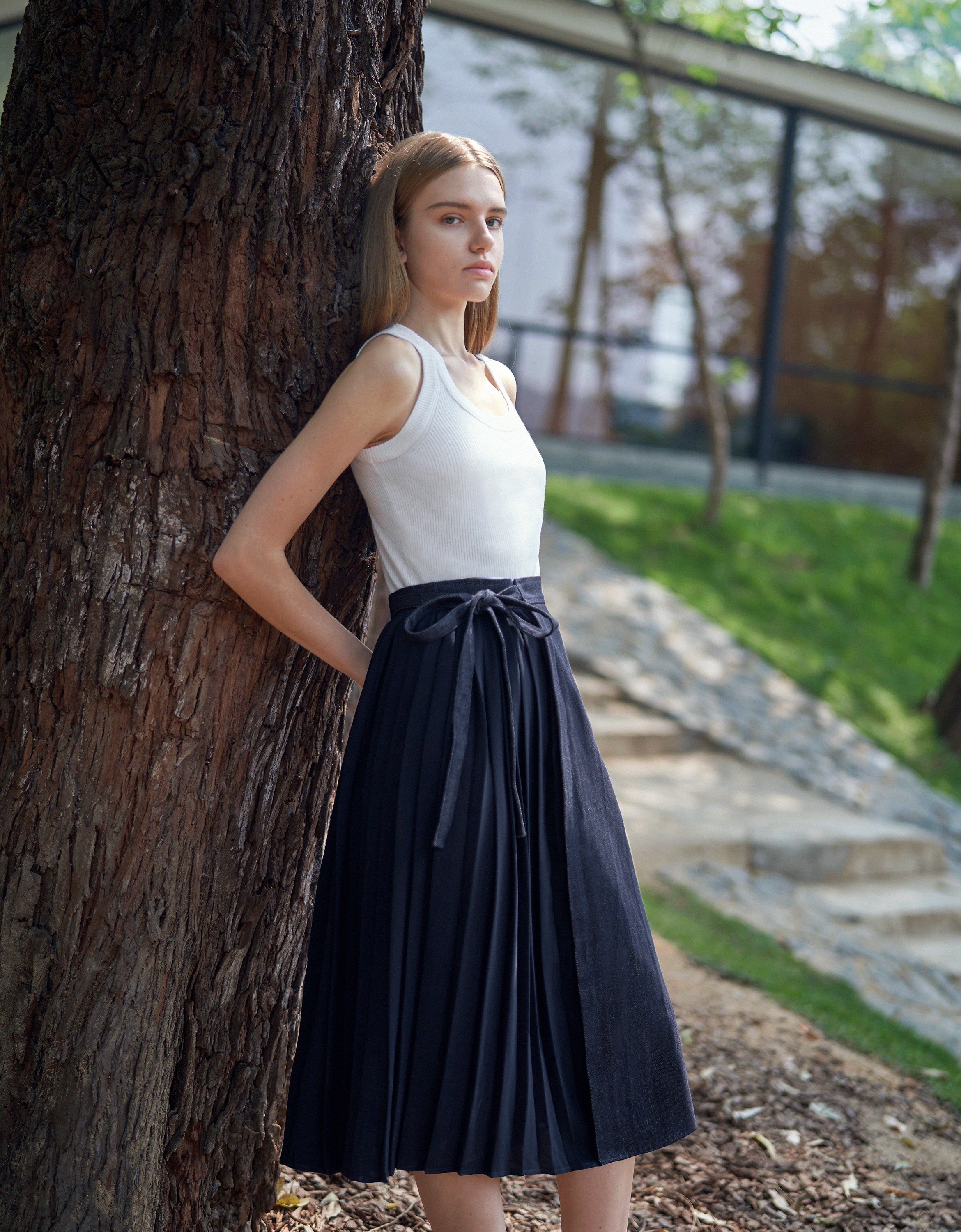 Pleated Panel Denim Midi Skirt