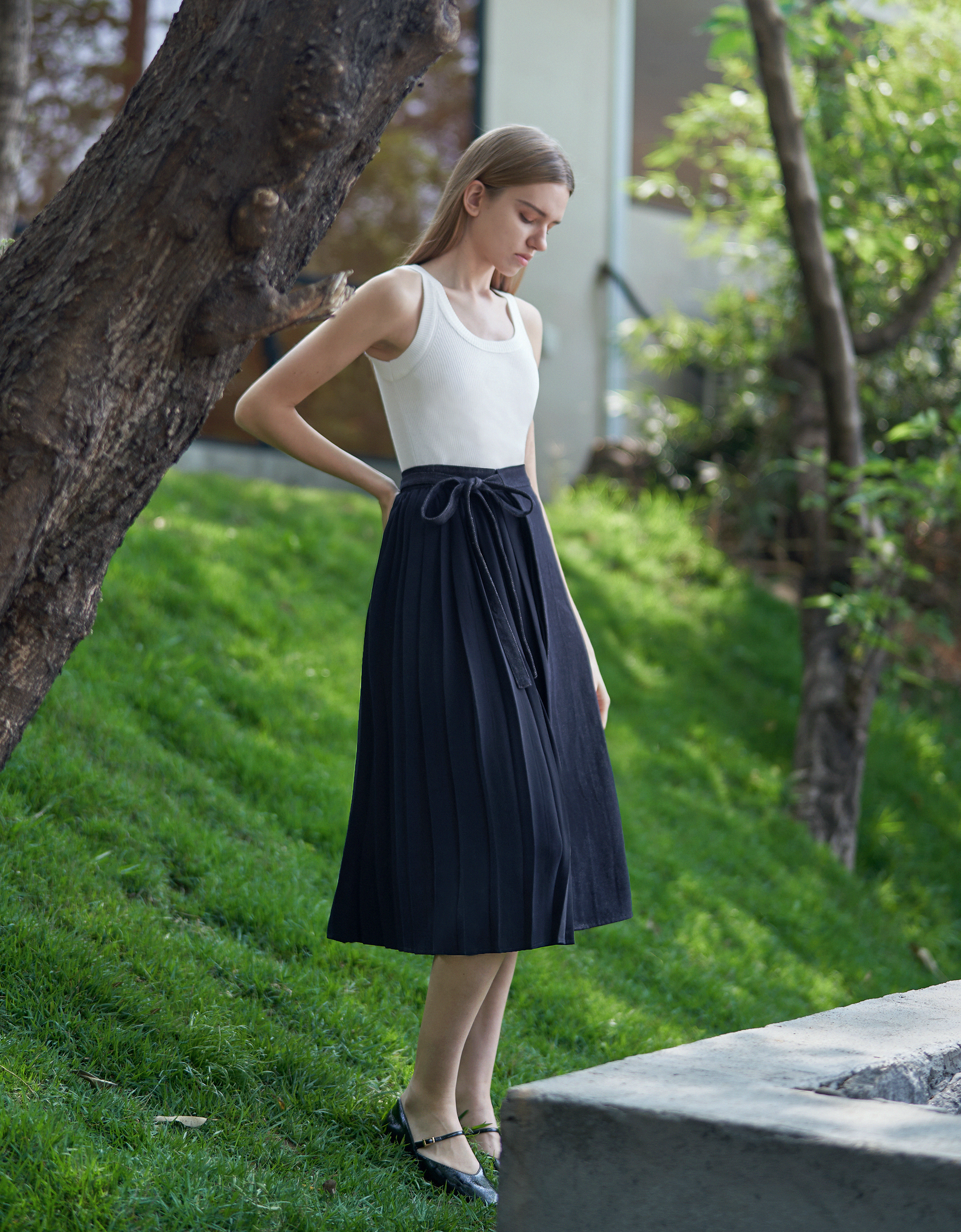 Pleated Panel Denim Midi Skirt