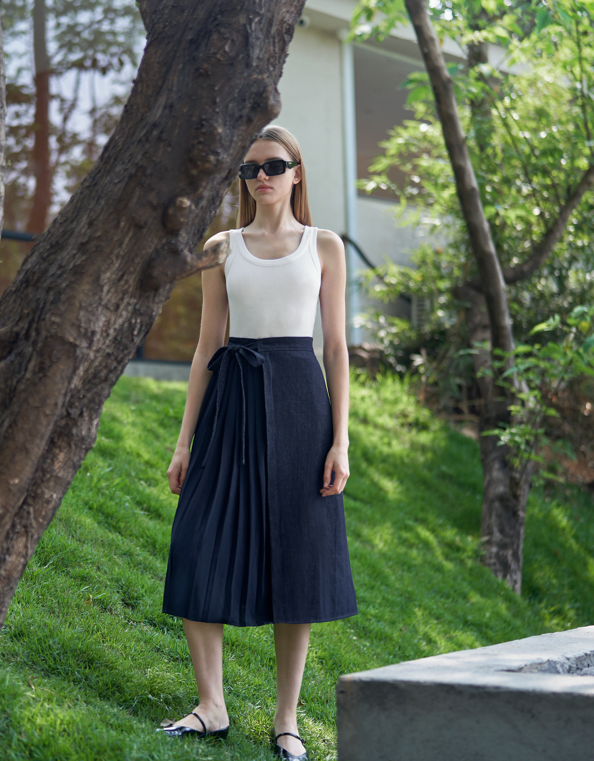 Pleated Panel Denim Midi Skirt