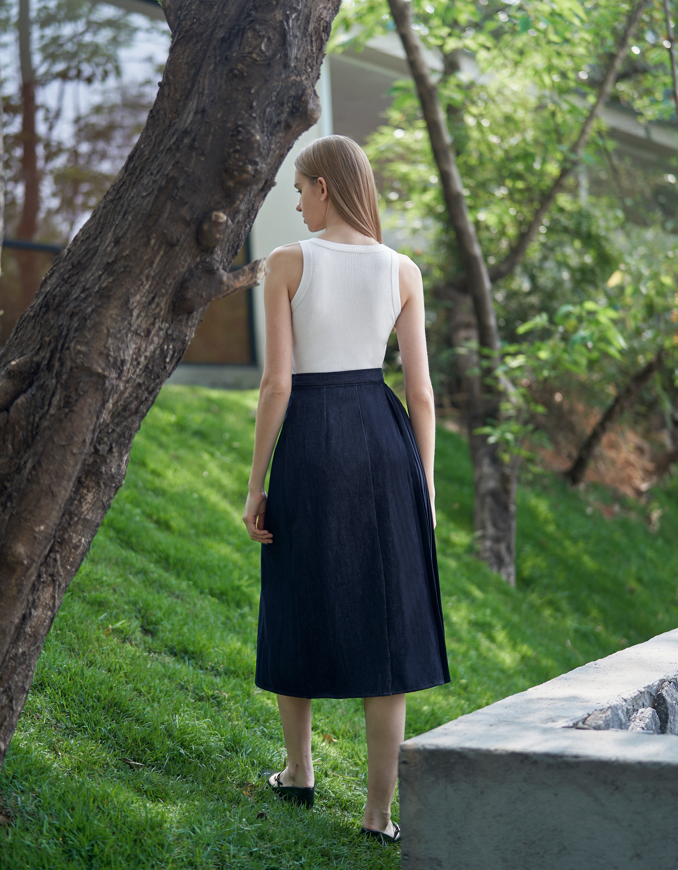 Pleated Panel Denim Midi Skirt