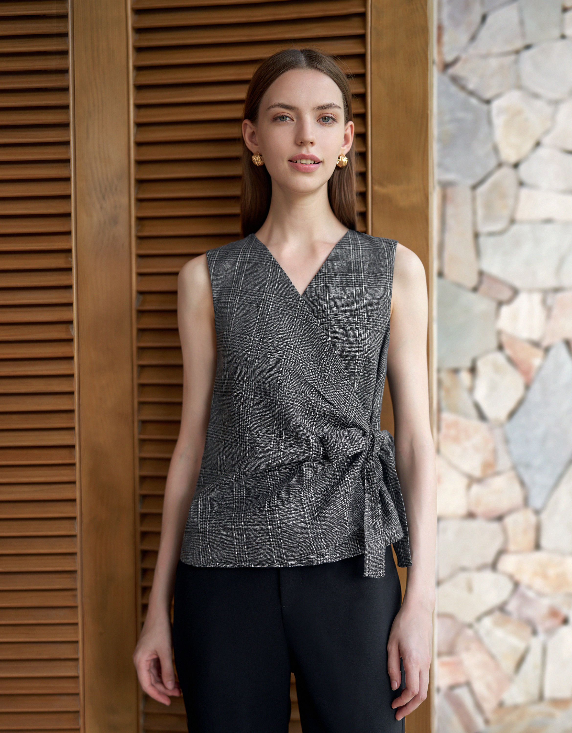 Checkered Sleeveless Wrap Vest
