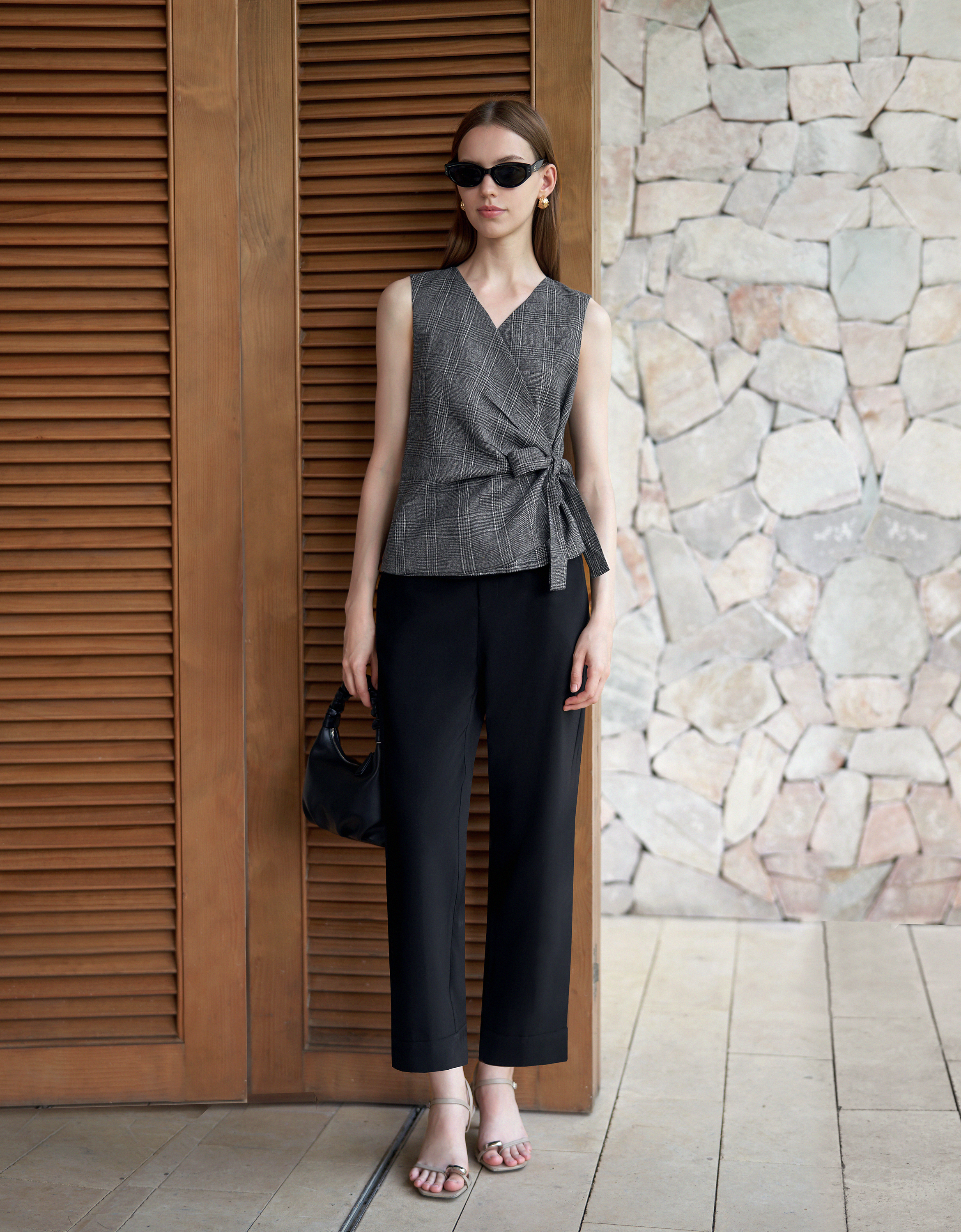 Checkered Sleeveless Wrap Vest