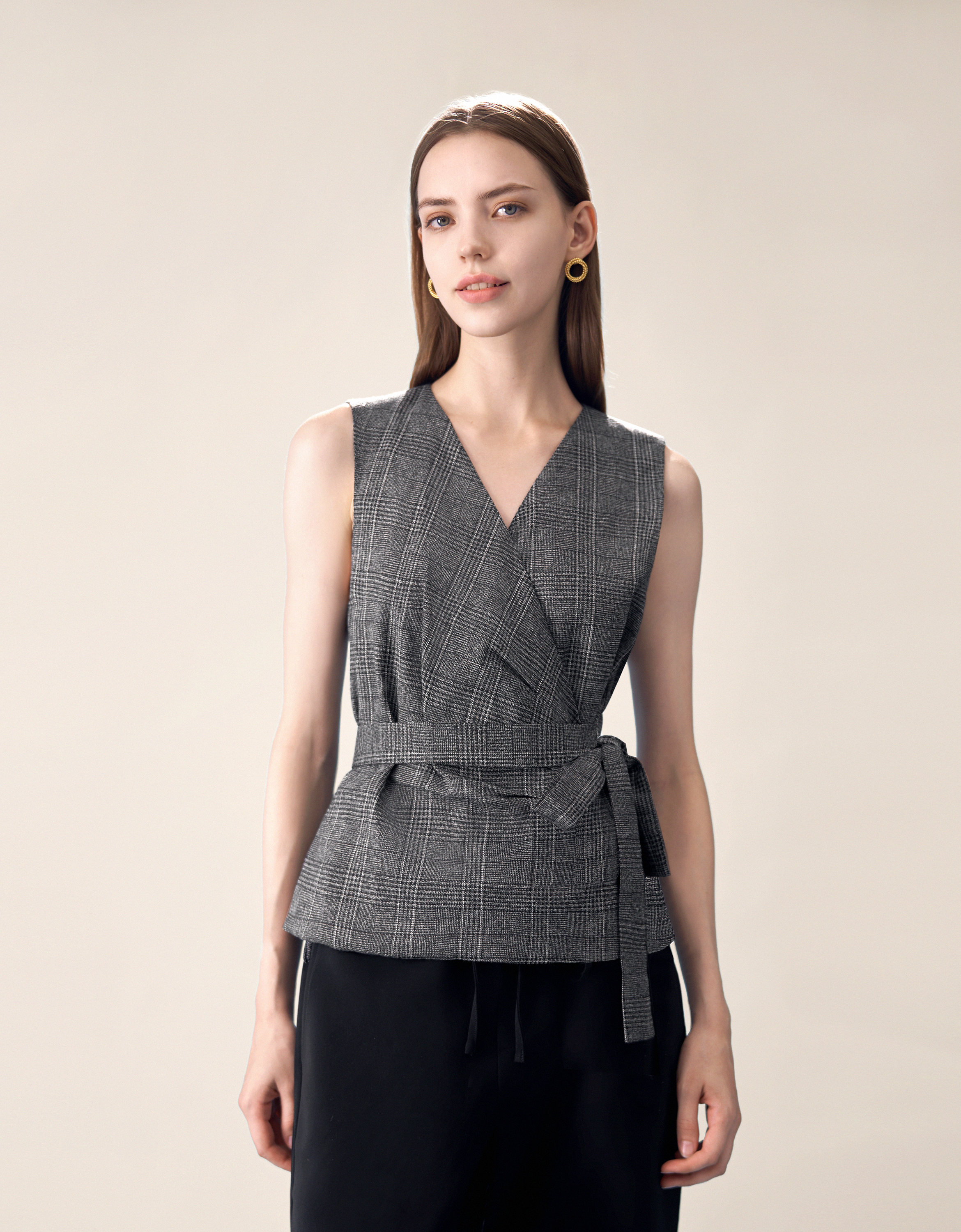 Checkered Sleeveless Wrap Vest