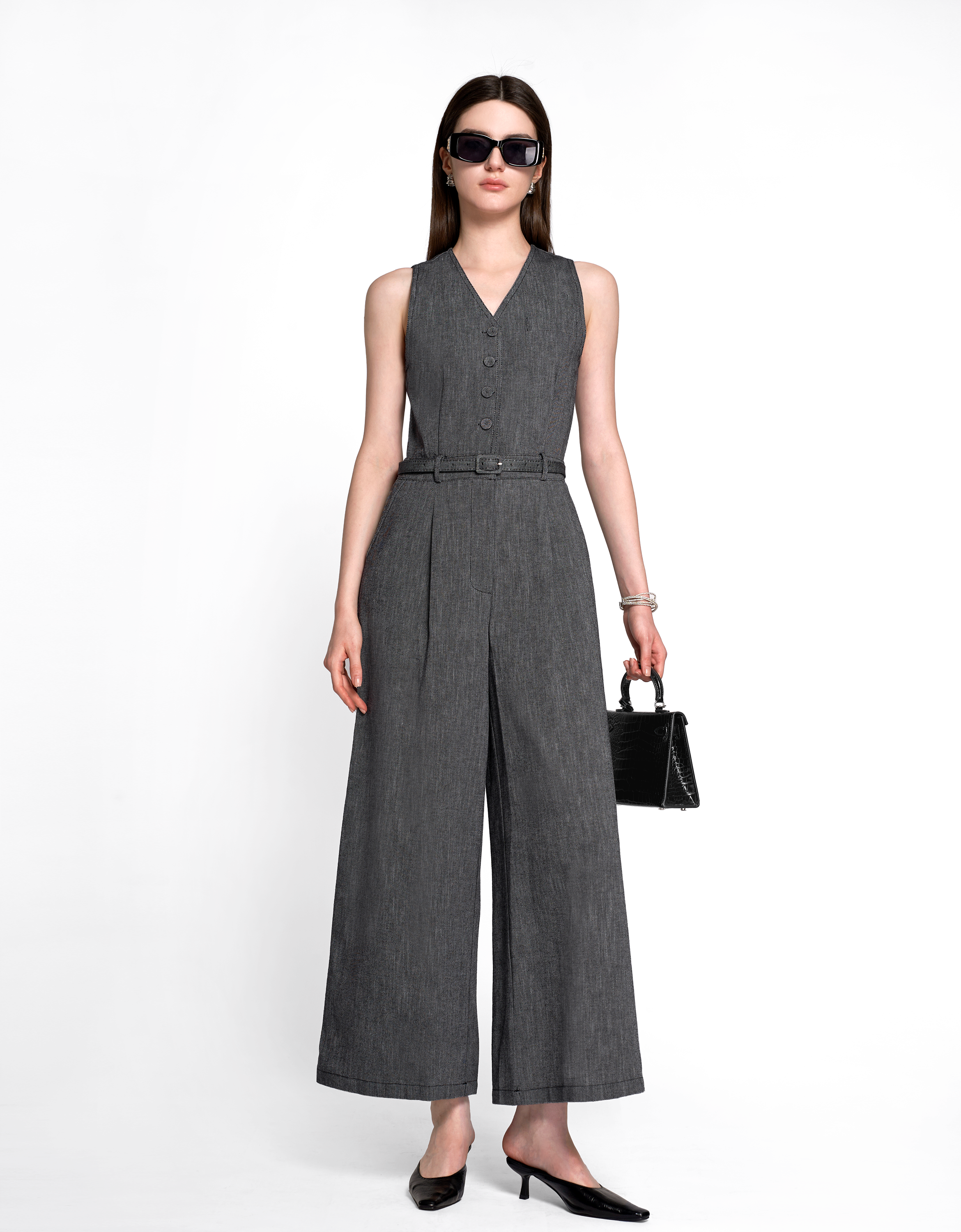 V-neck Sleeveless Denim Jumpsuit