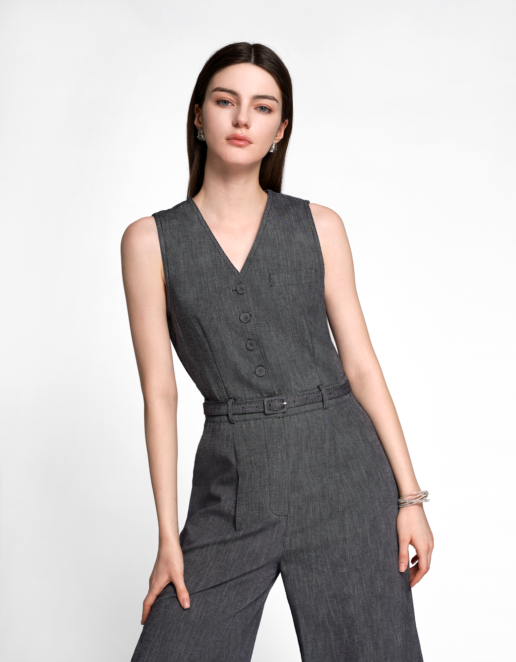 V-neck Sleeveless Denim Jumpsuit