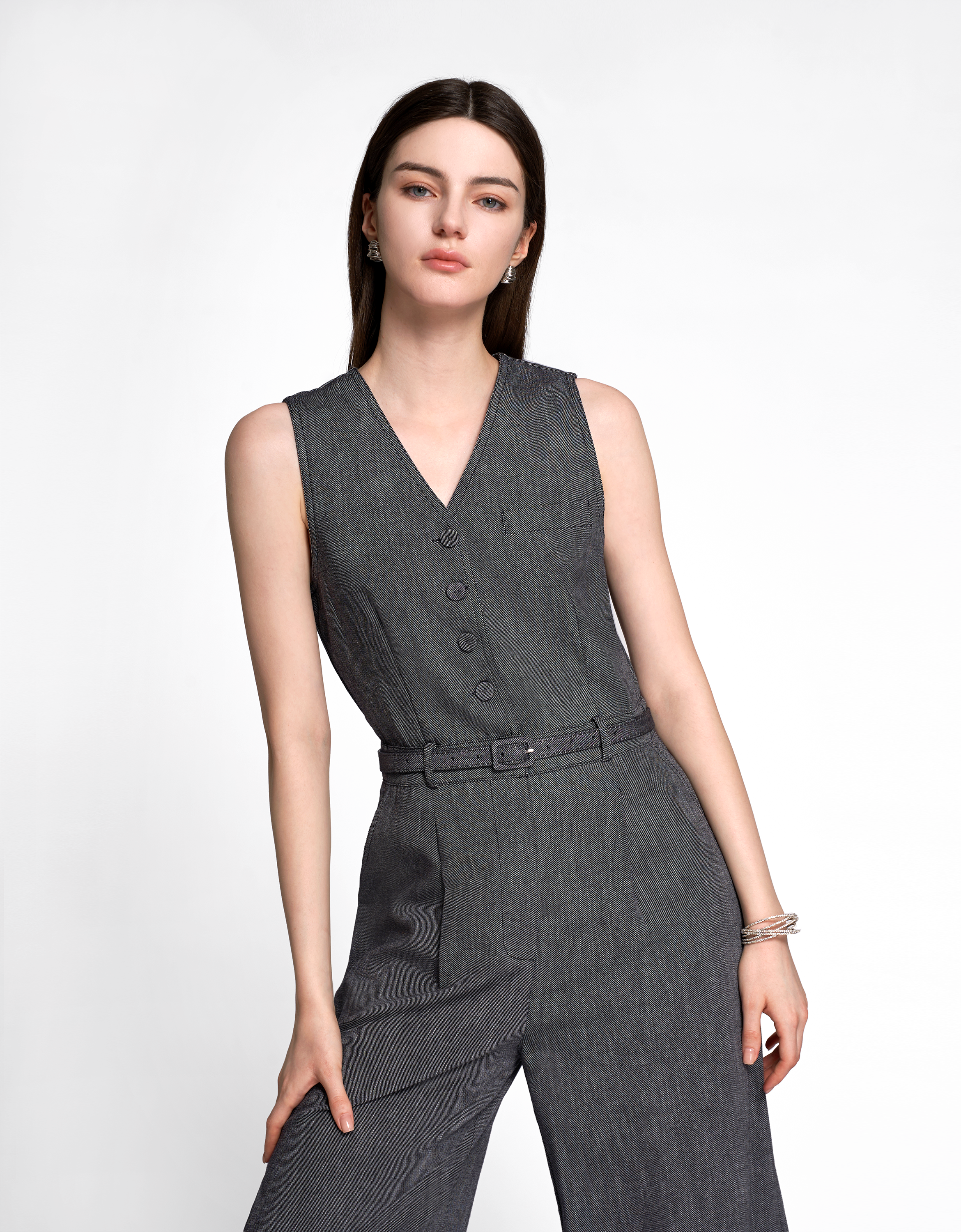 V-neck Sleeveless Denim Jumpsuit