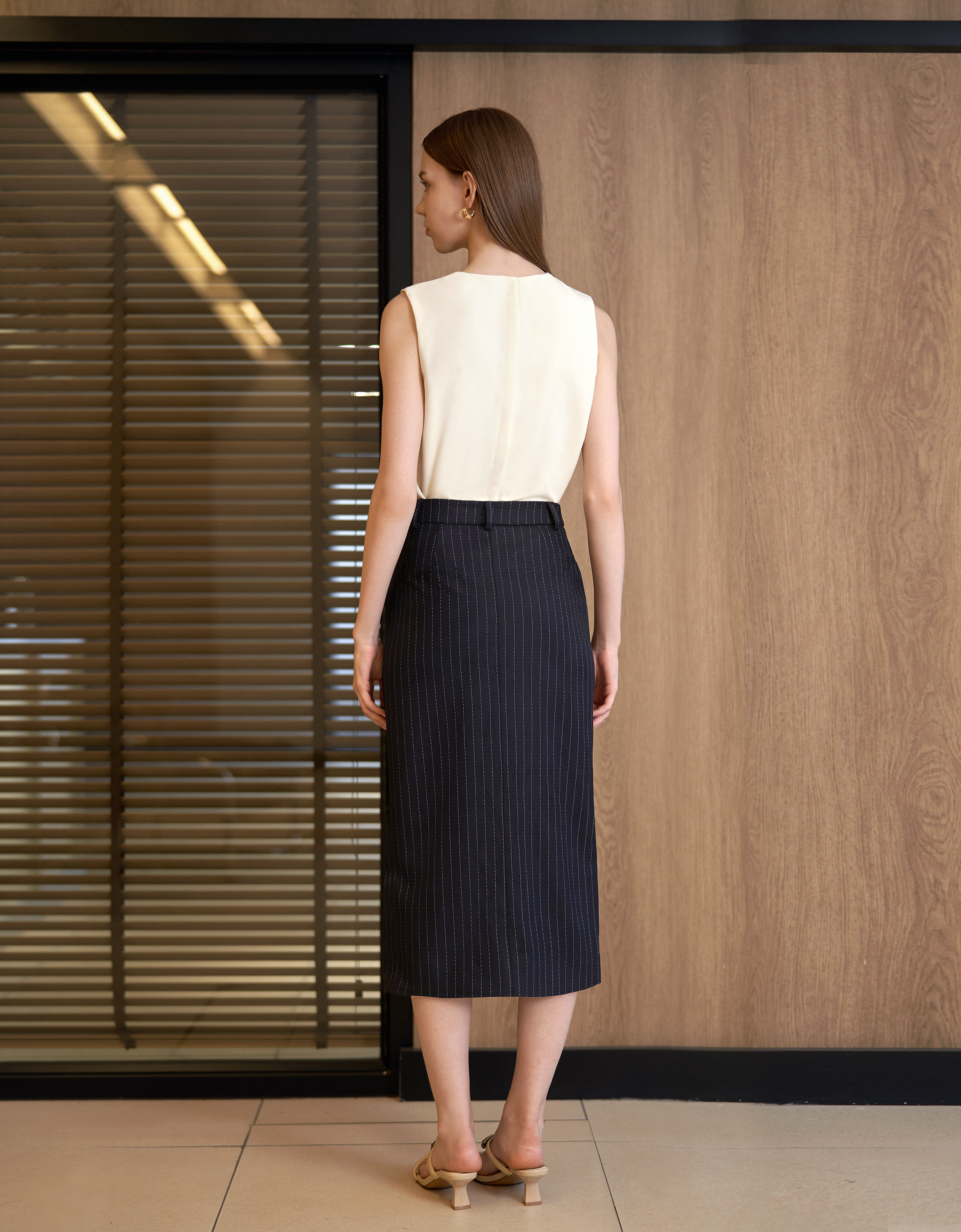 Button Front Striped Midi Skirt