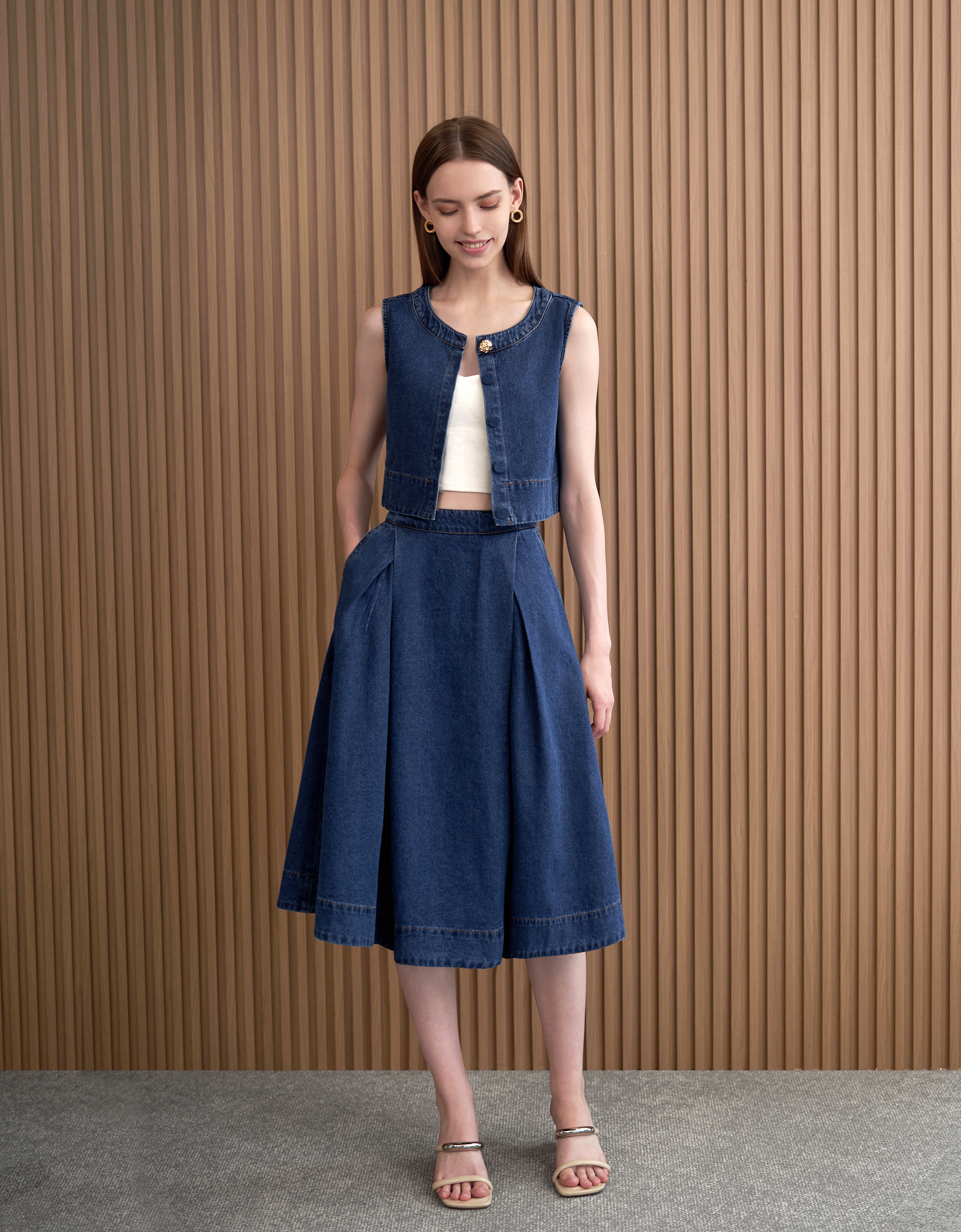 Pleated Midi Denim Skirt