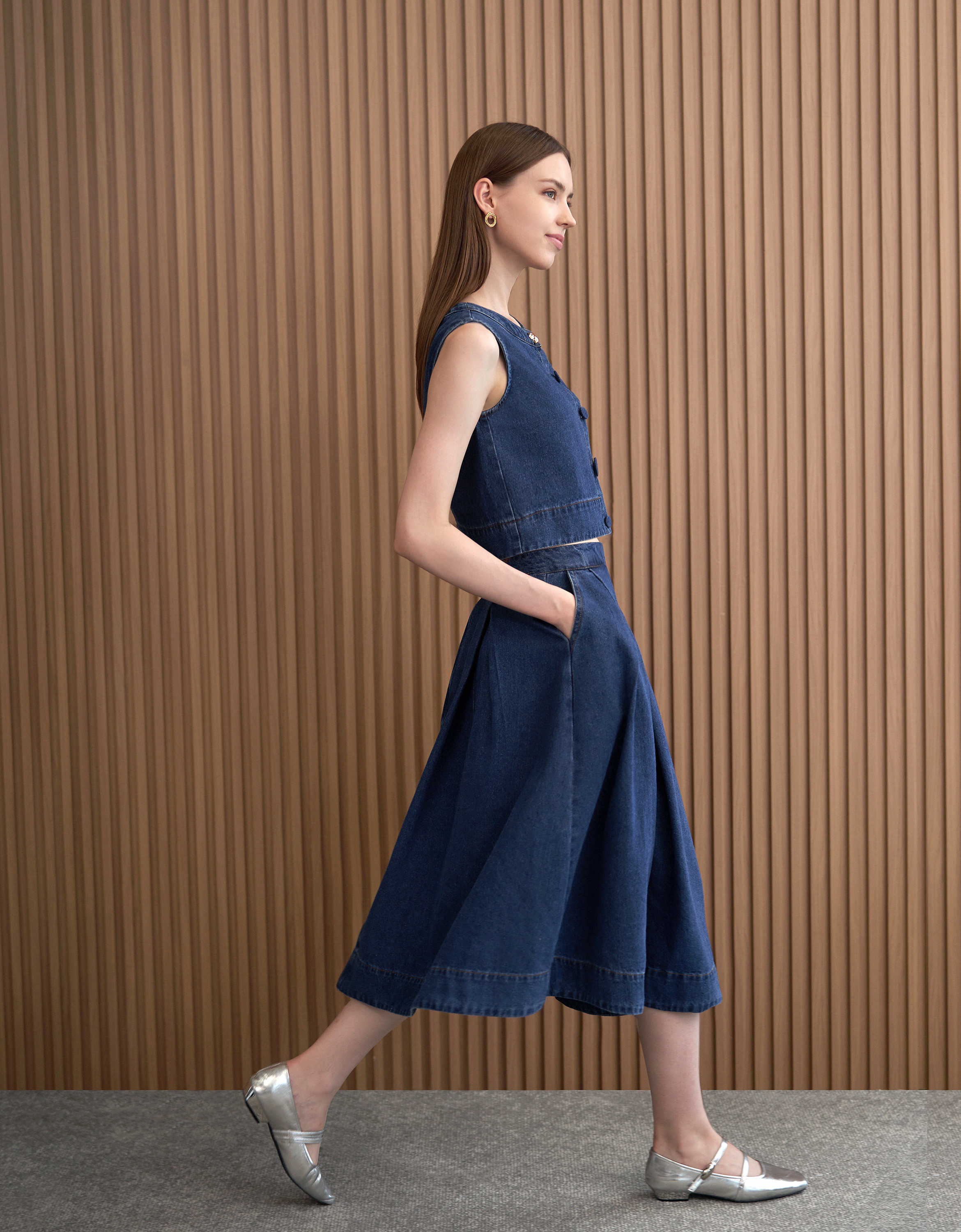 Pleated Midi Denim Skirt