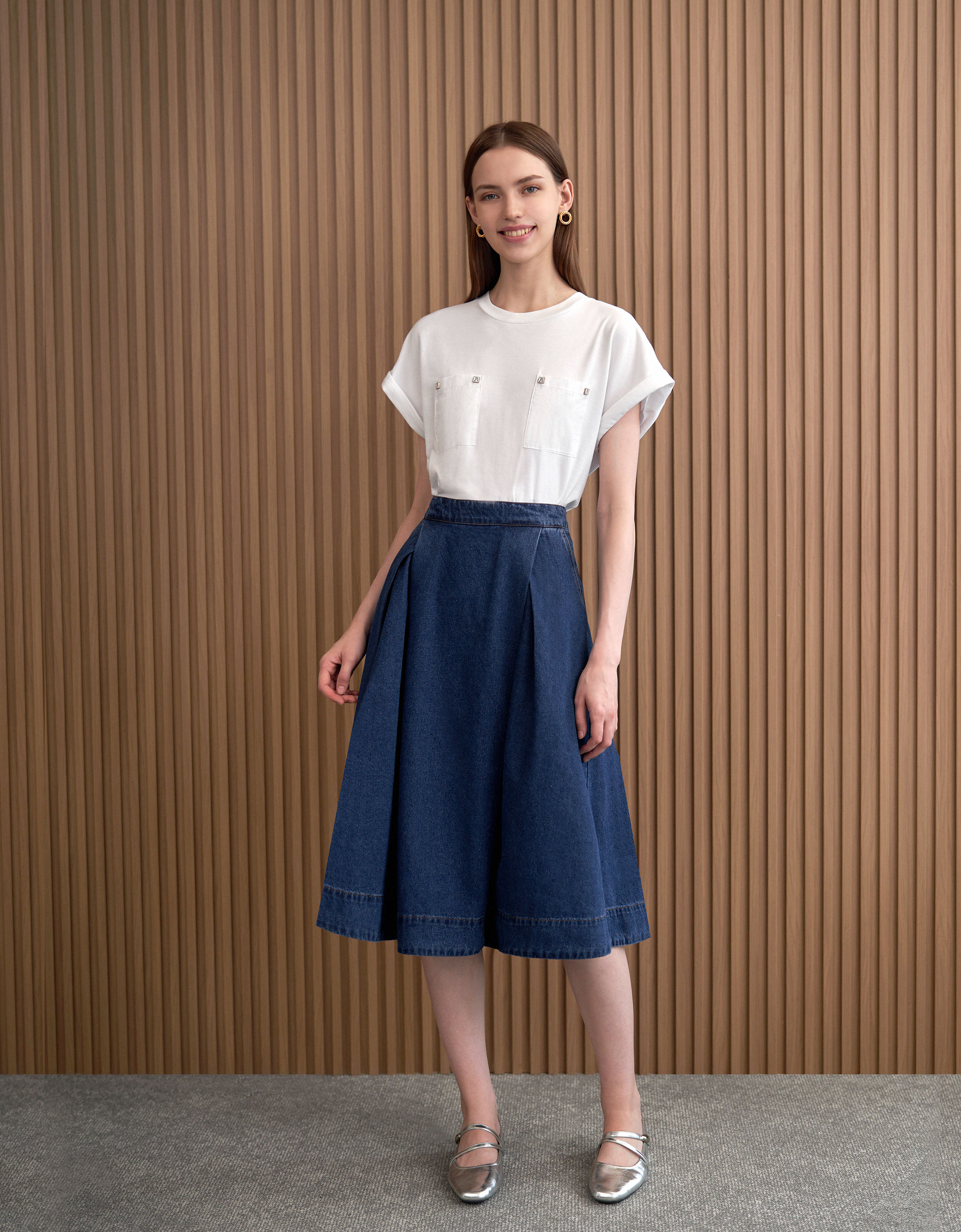Pleated Midi Denim Skirt
