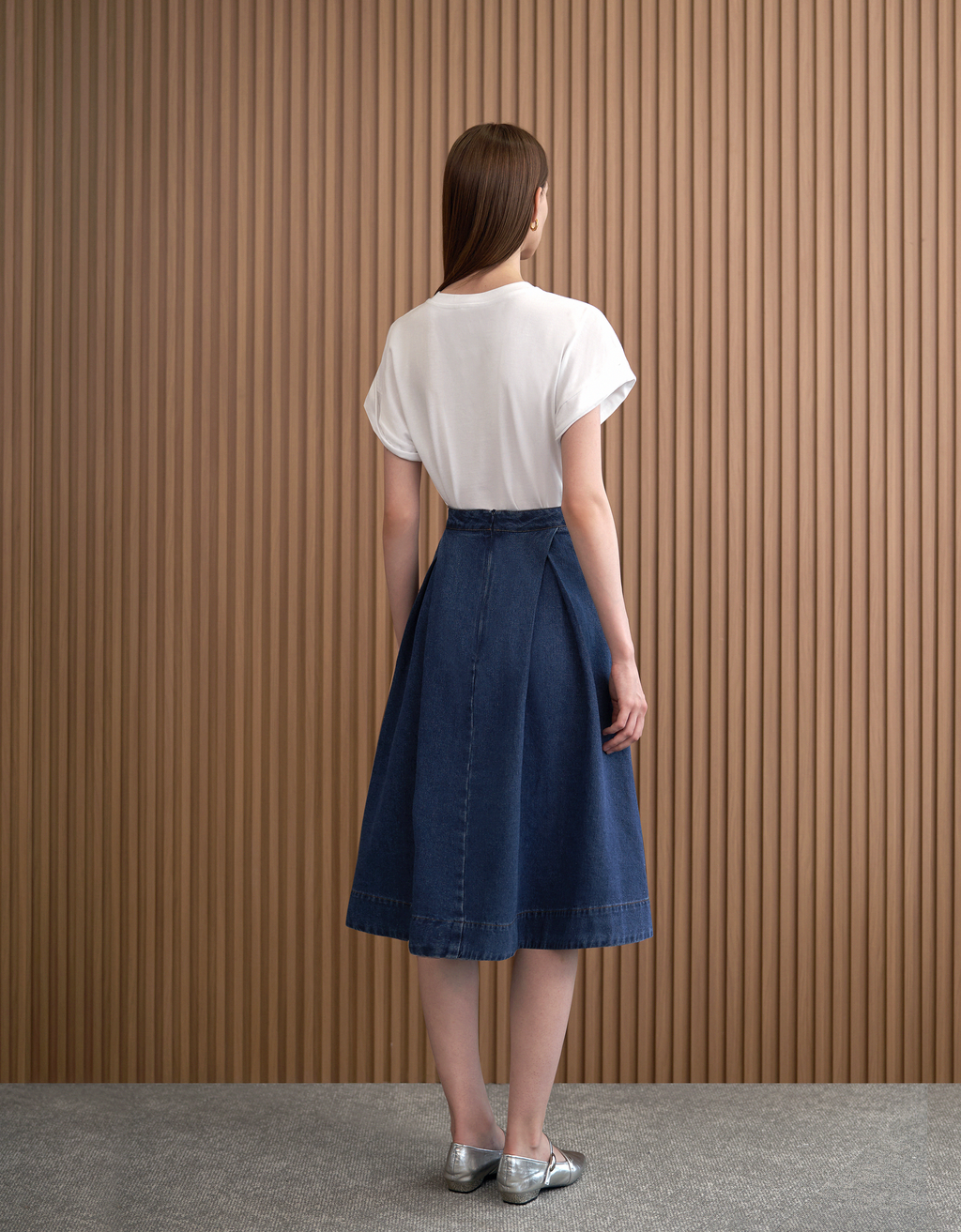Pleated Midi Denim Skirt