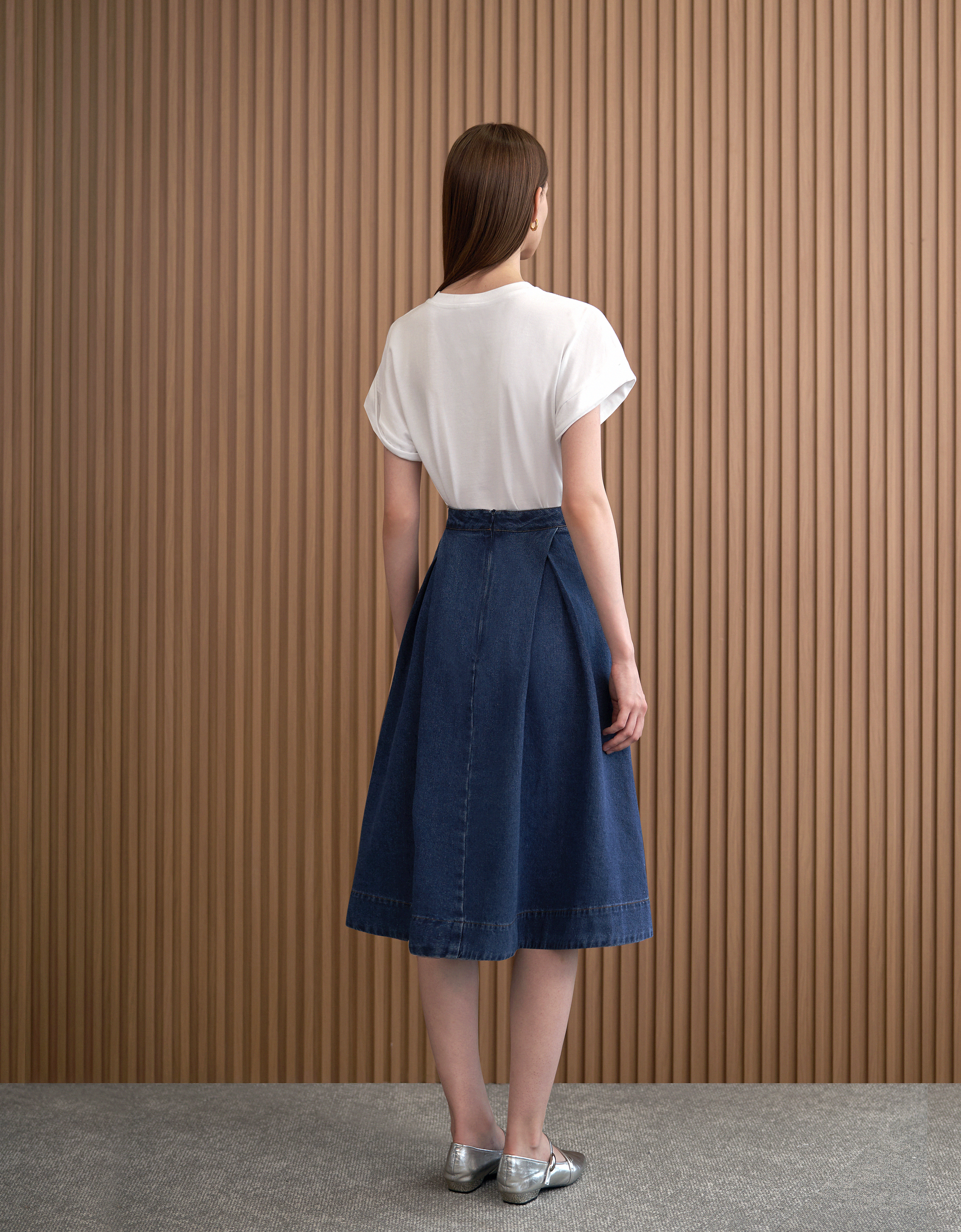 Pleated Midi Denim Skirt