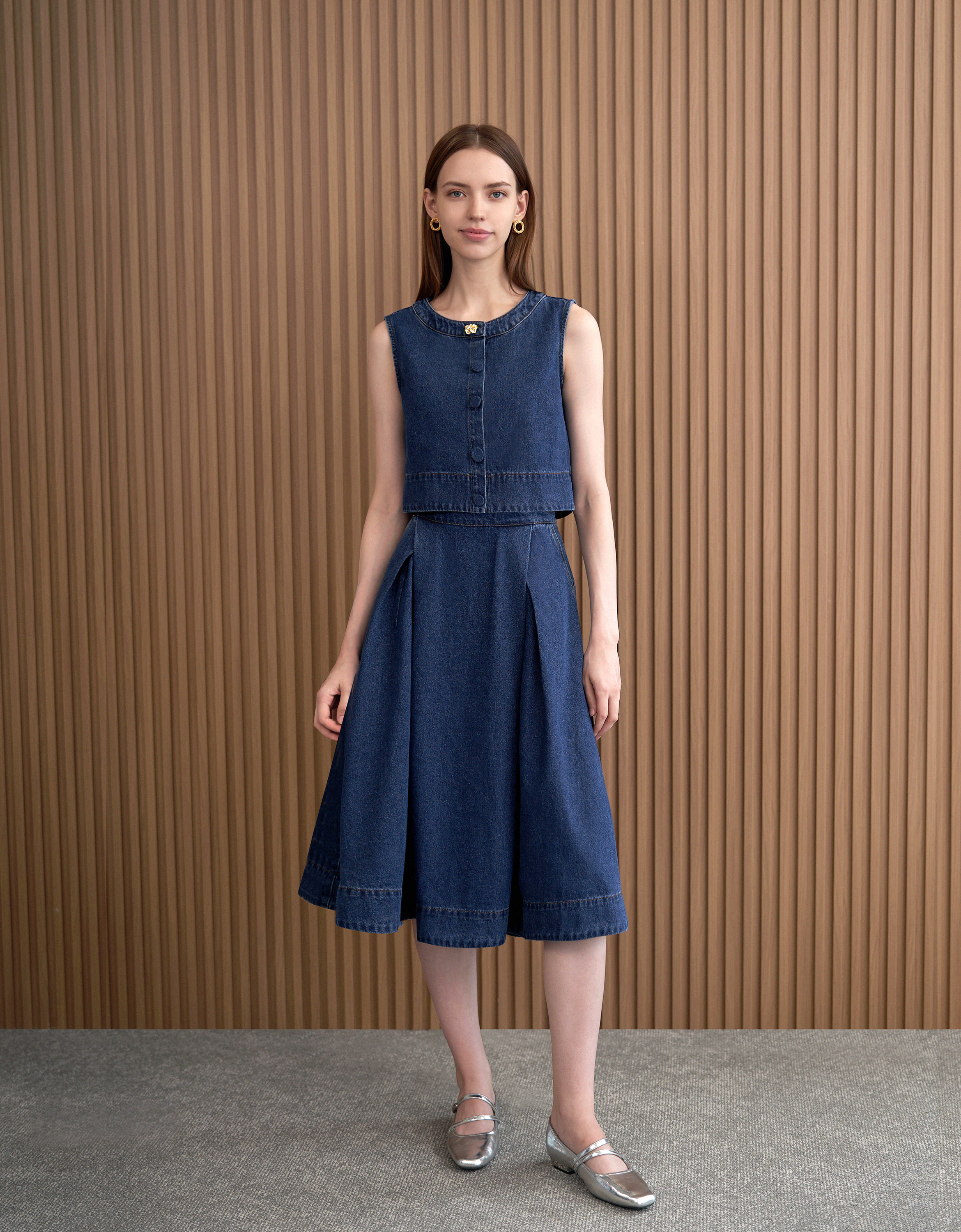 Pleated Midi Denim Skirt