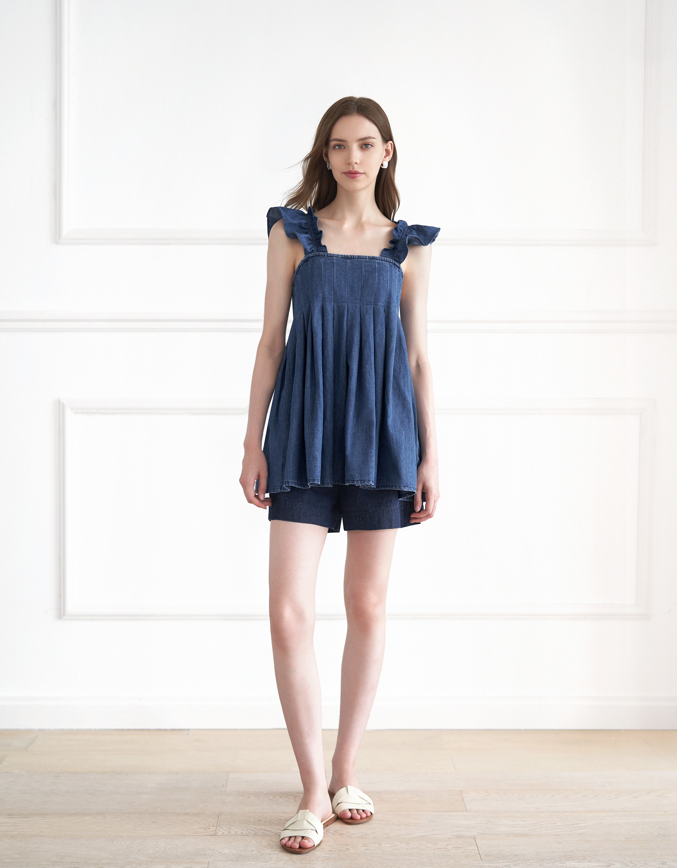 A-line Pleated Denim Strap Top