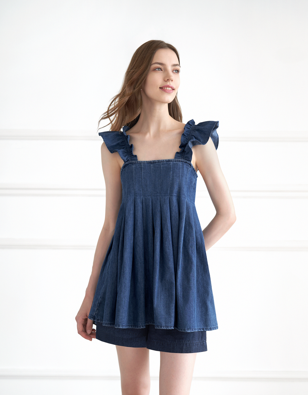 A-line Pleated Denim Strap Top