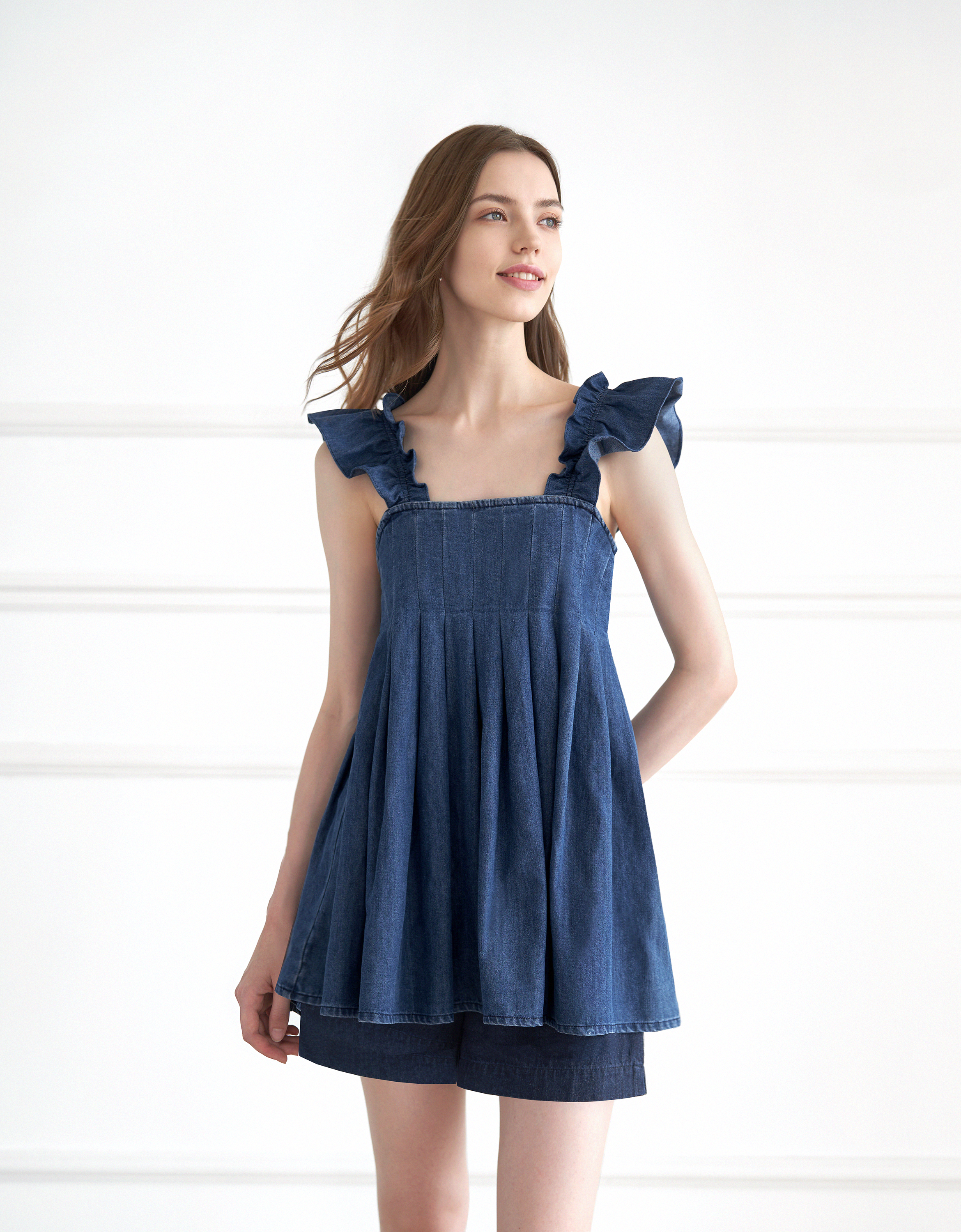 A-line Pleated Denim Strap Top