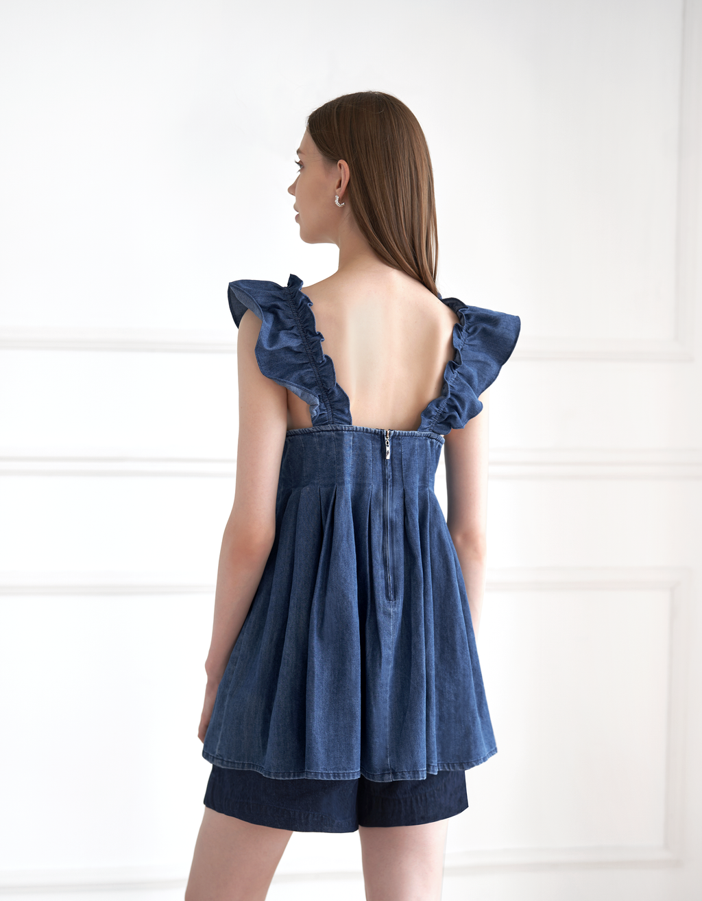 A-line Pleated Denim Strap Top