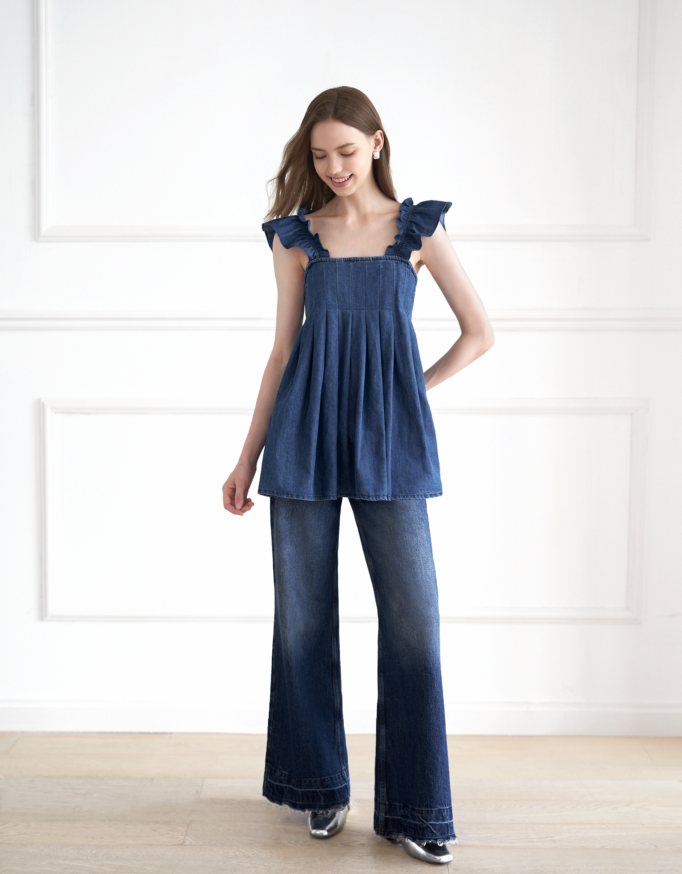 A-line Pleated Denim Strap Top