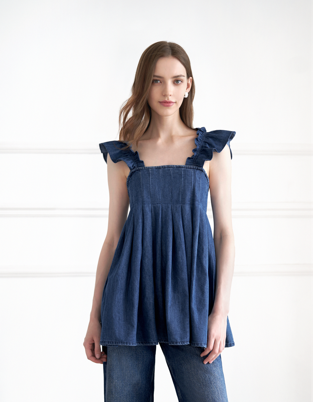 A-line Pleated Denim Strap Top