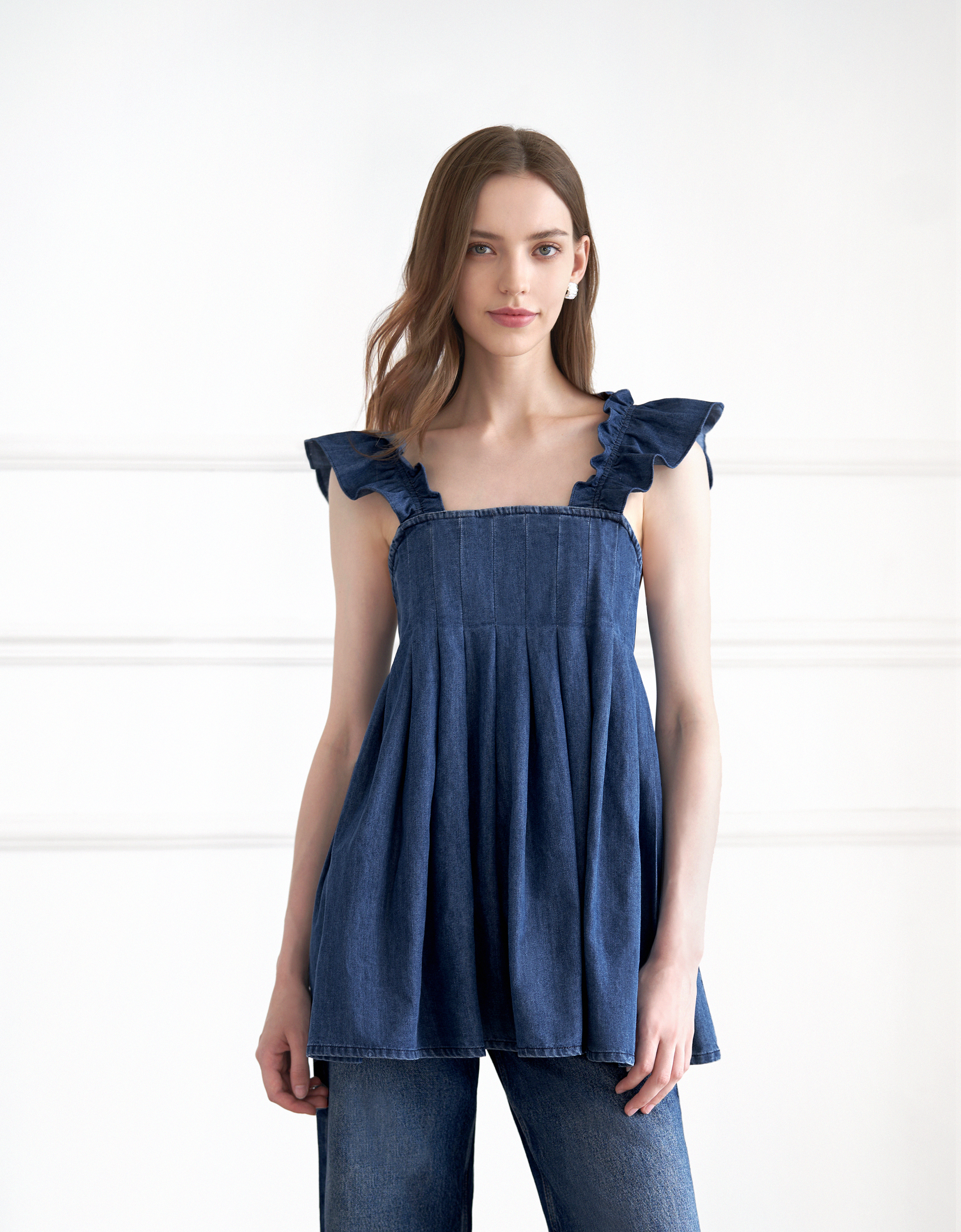A-line Pleated Denim Strap Top