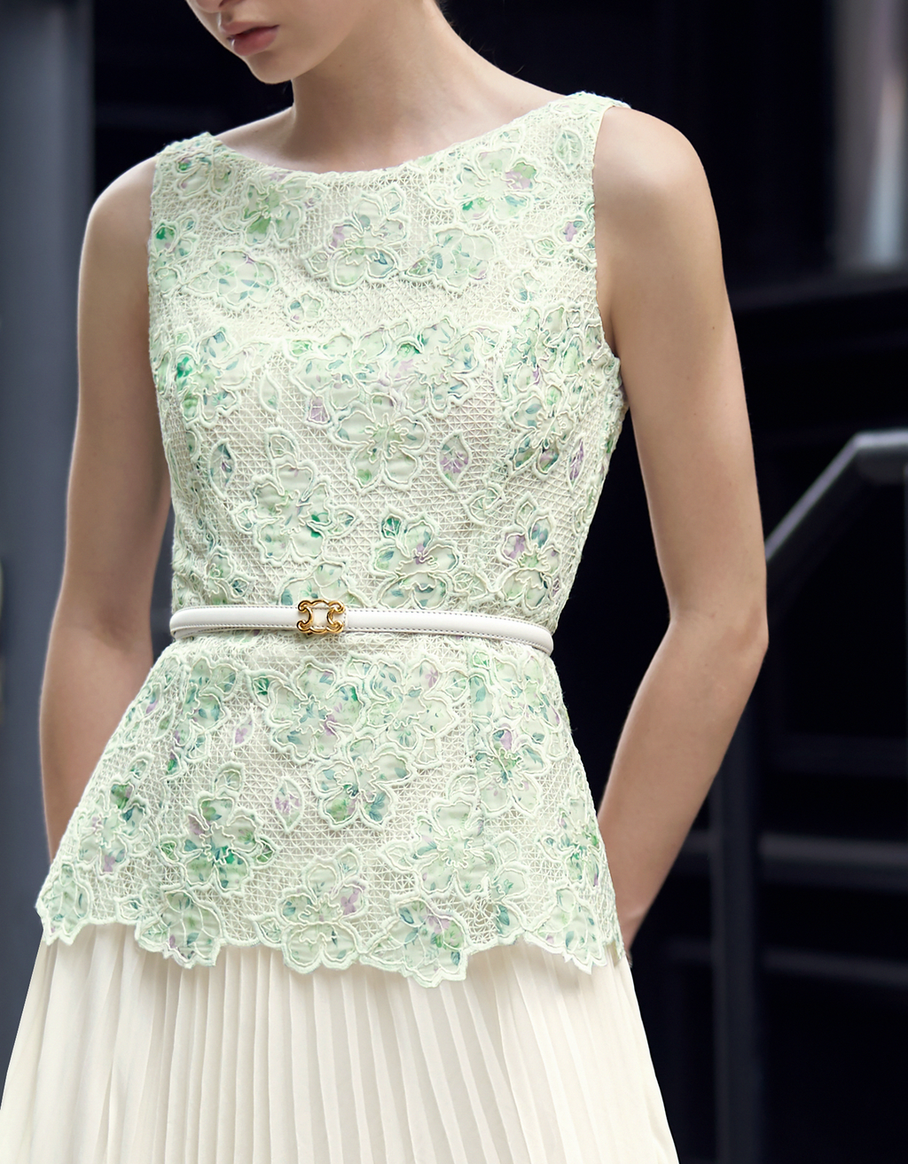 Pleated Skirt Two-tone Embroidered Dress