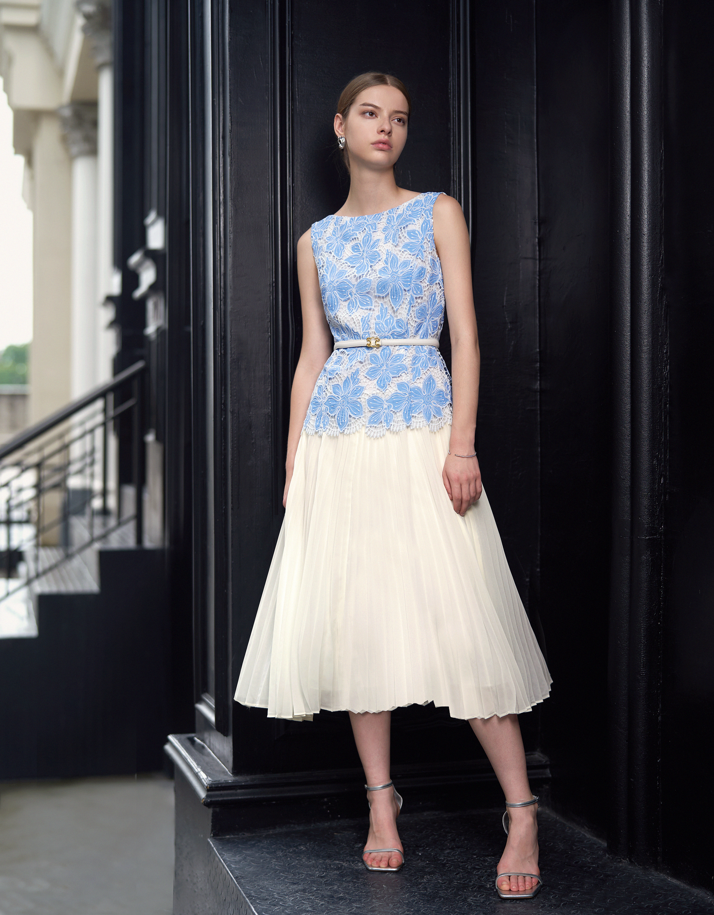 Pleated Skirt Two-tone Embroidered Dress