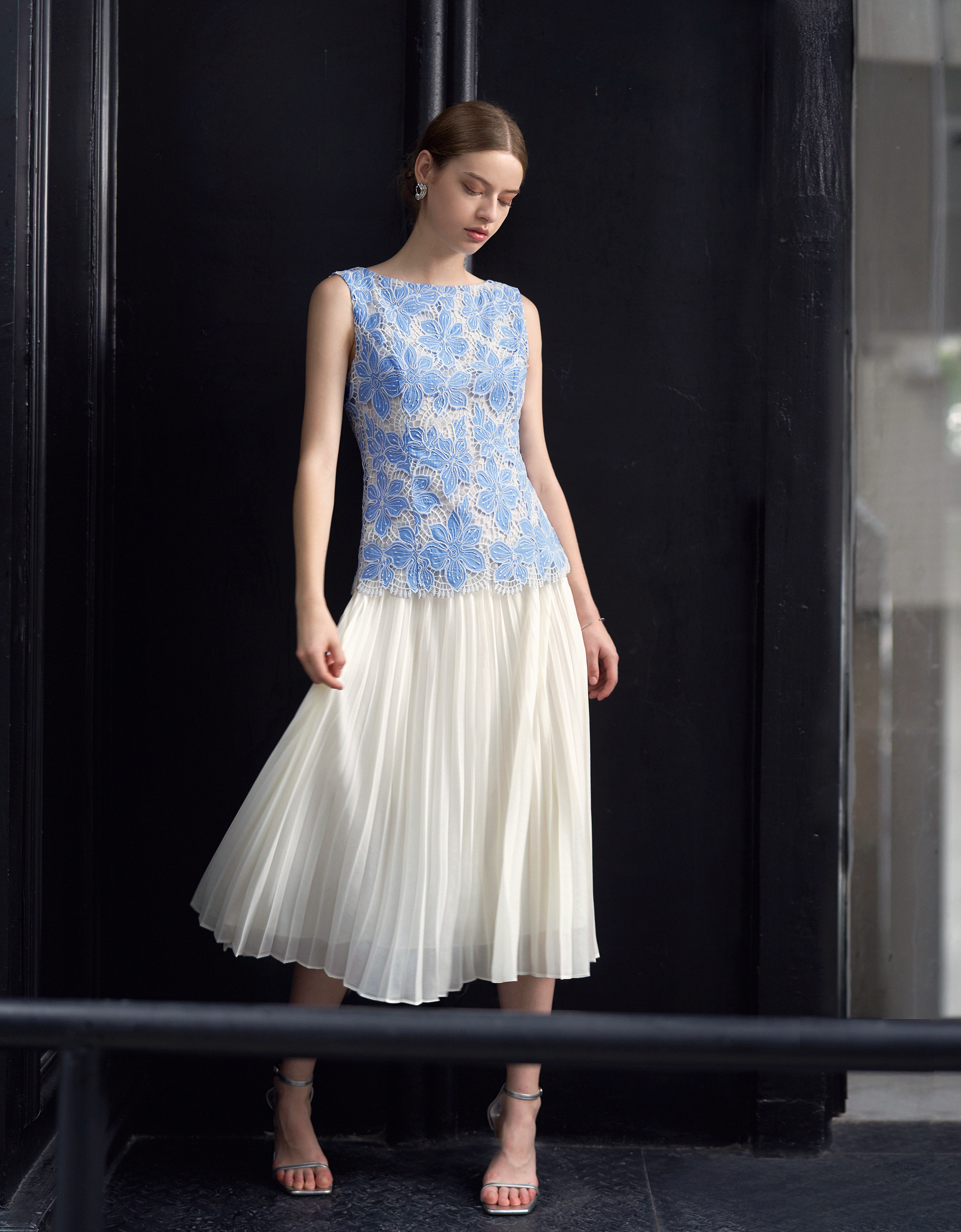 Pleated Skirt Two-tone Embroidered Dress