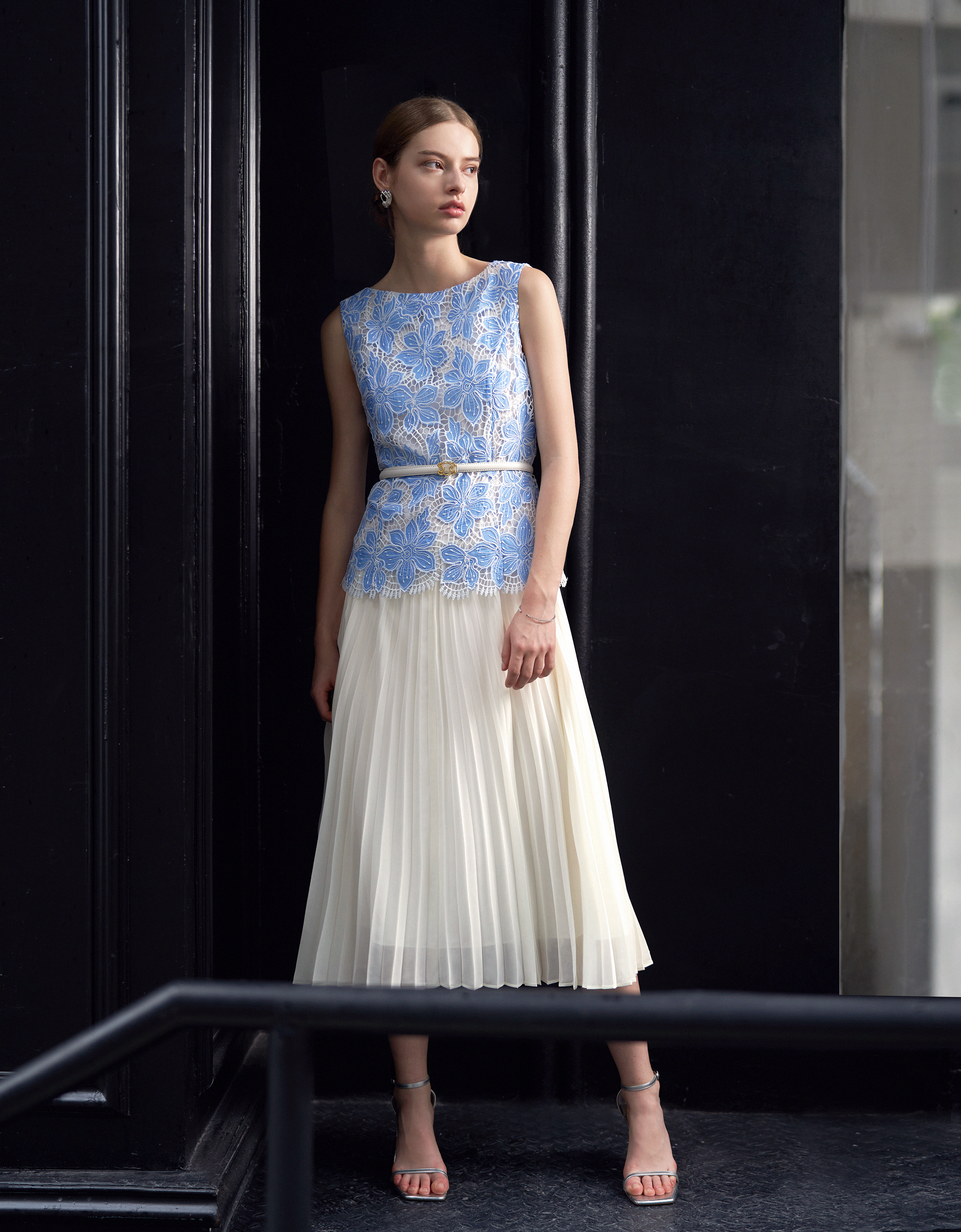 Pleated Skirt Two-tone Embroidered Dress