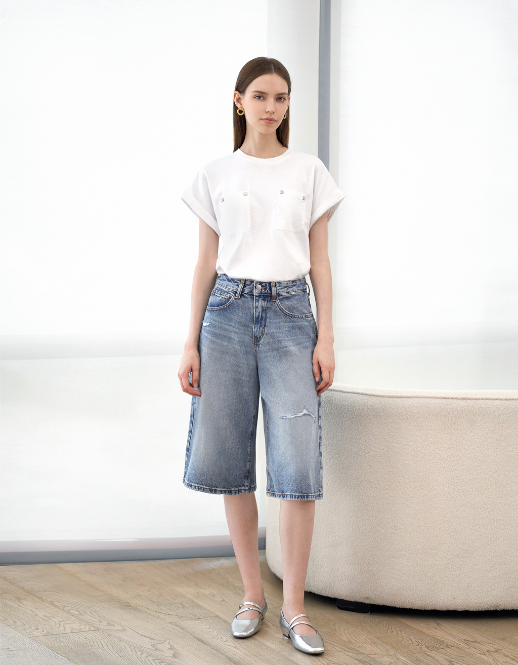 Wide-leg Knee-length Denim Bermuda Shorts