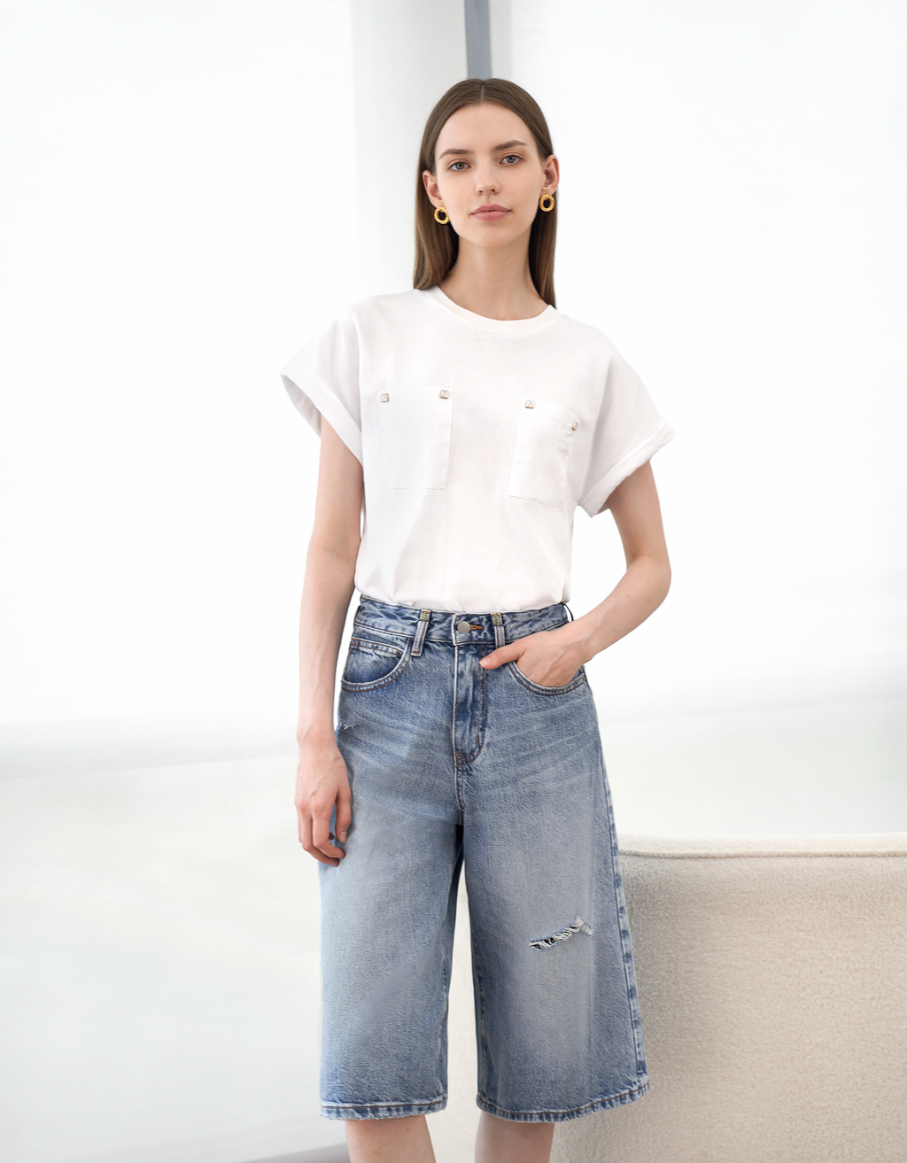 Wide-leg Knee-length Denim Bermuda Shorts