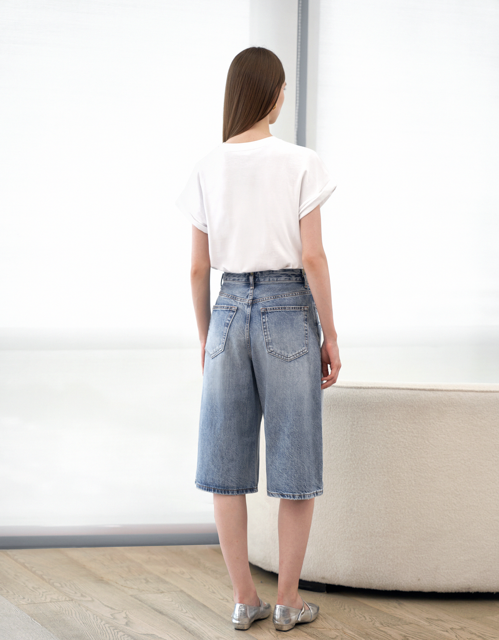 Wide-leg Knee-length Denim Bermuda Shorts