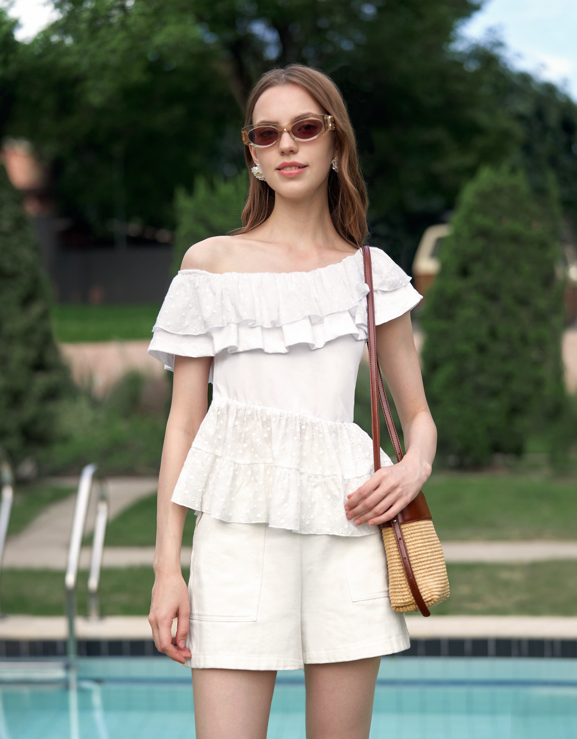Embroidered One-Shoulder Ruffled Top