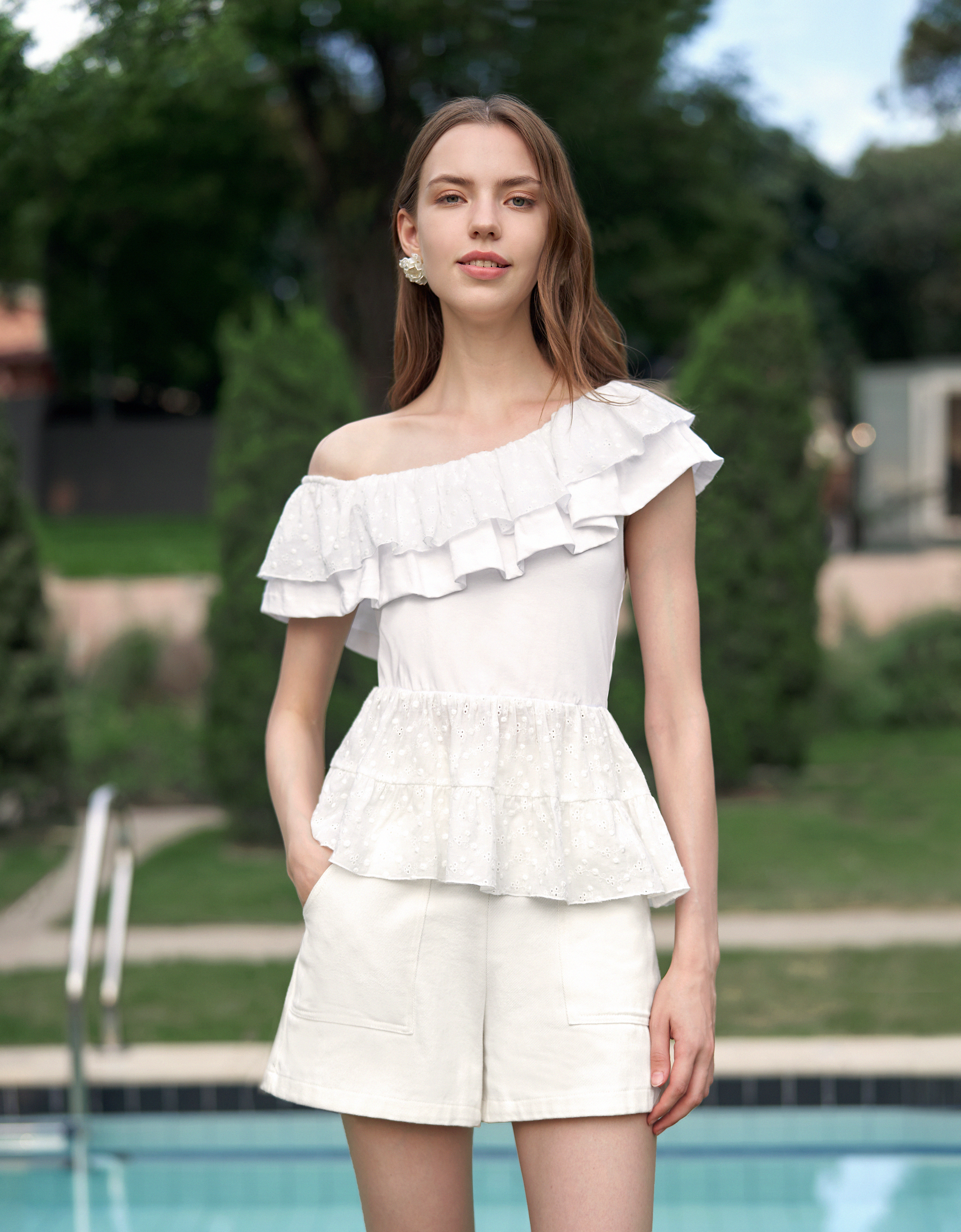 Embroidered One-Shoulder Ruffled Top