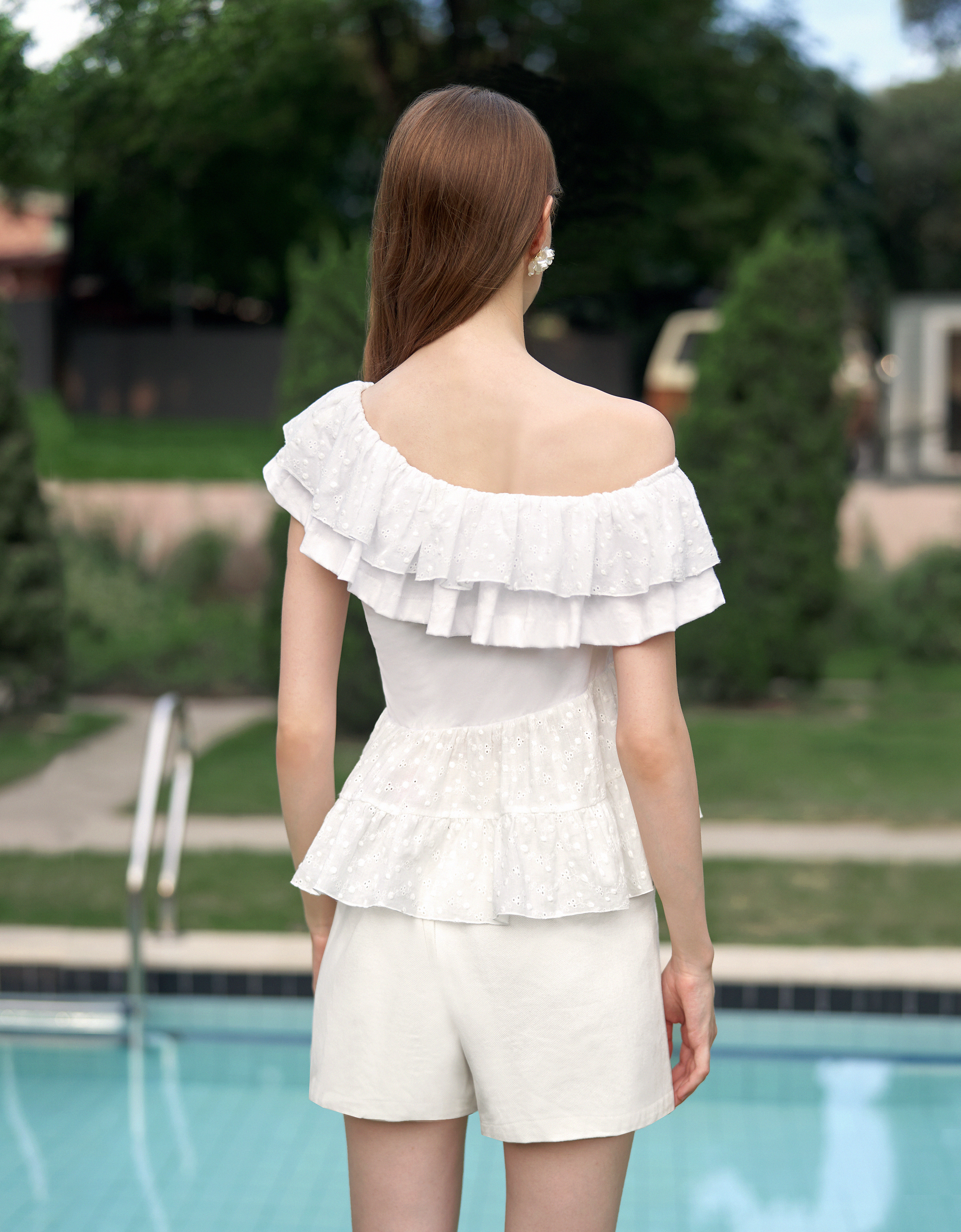 Embroidered One-Shoulder Ruffled Top