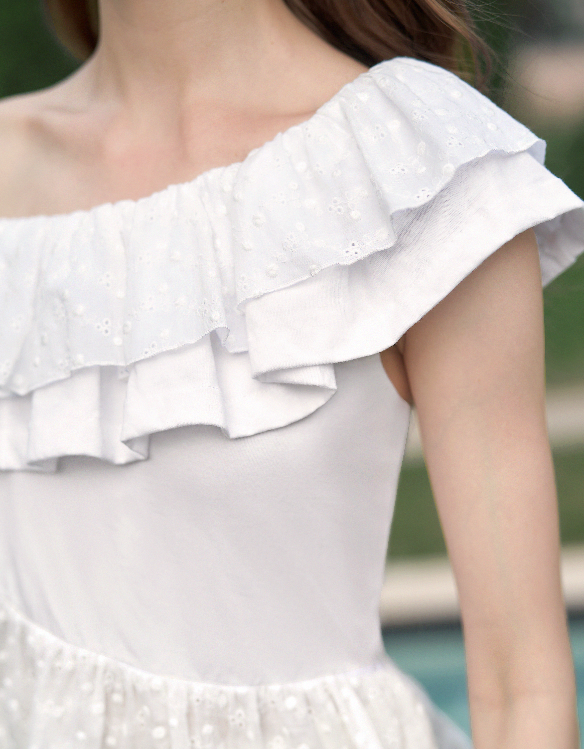 Embroidered One-Shoulder Ruffled Top