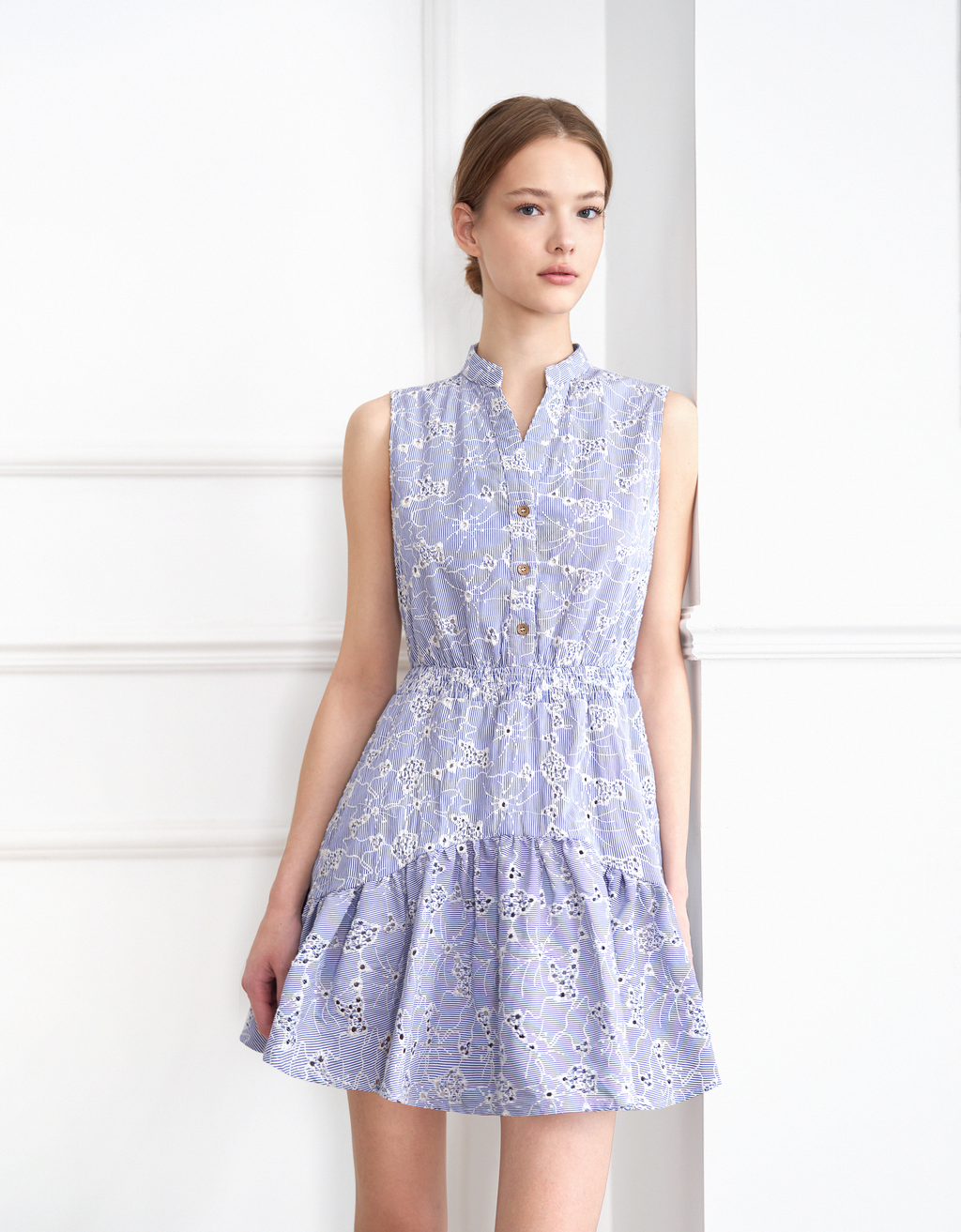 Stand Collar Sleeveless Embroidered Dress